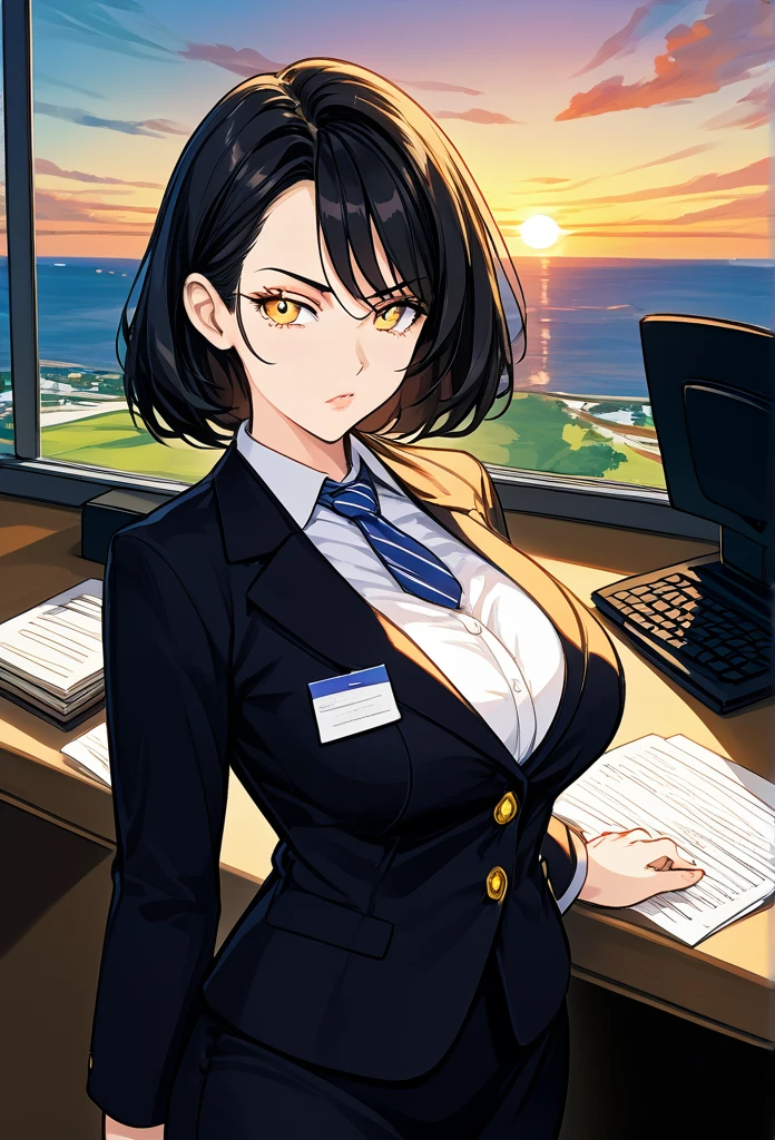 masterpiece, best quality, sunset, cowboy shot, mature woman, bob hairstyle, black hair, mature face, hot face, sharp eyes, medium breasts, curvy body, golden eyes, business clothes, looking at viewer, very close to viewer, face to face, tough appearance, in the office
((looking serious),