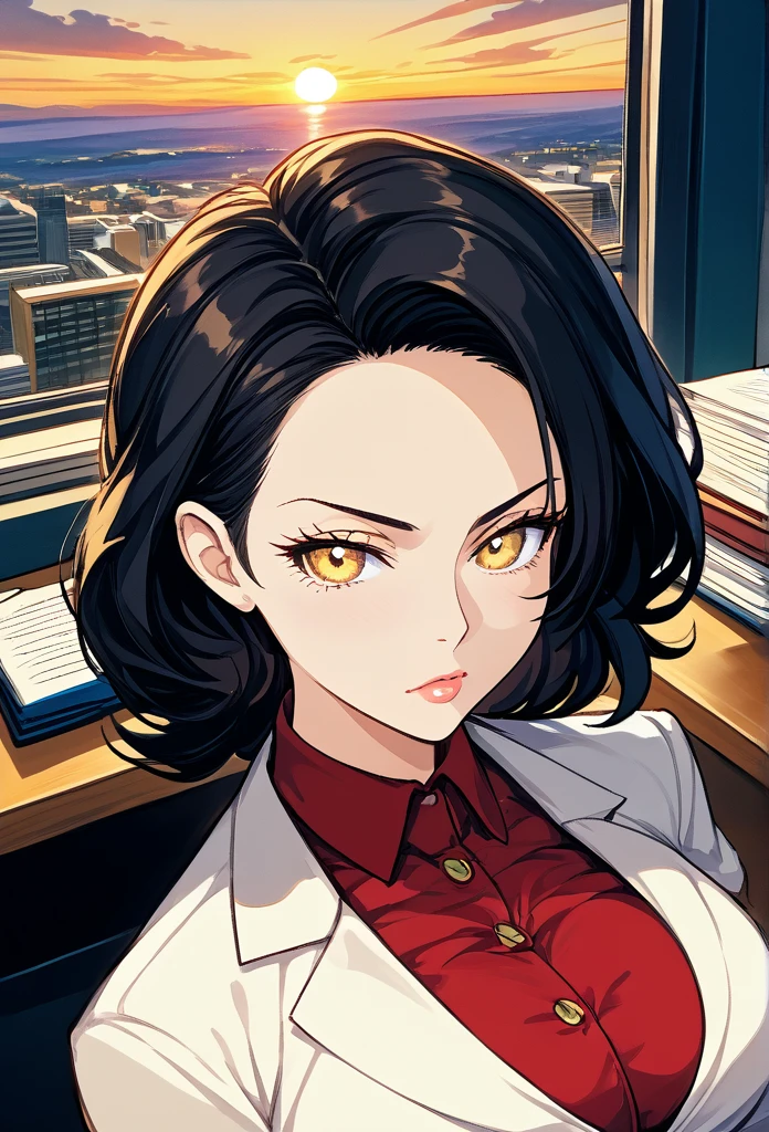 masterpiece, best quality, sunset, cowboy shot, mature woman, bob hairstyle, black hair, mature face, hot face, sharp eyes, medium breasts, curvy body, golden eyes, business clothes, looking at viewer, very close to viewer, face to face, tough appearance, in the office
((looking serious),