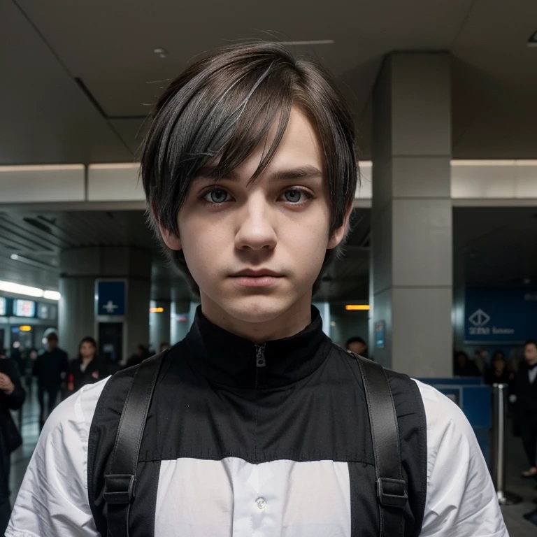 Polish emo boy short dark brown hair, blue-gray eyes, very white complexion, similar to the character Dominik Santorski from the movie Suicide Room, dressed as an emo from 2000, Height 1.91 cm Do it to him at the airport 