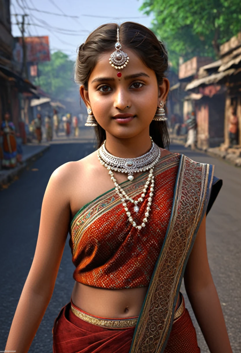  hindu girl, 10-year-old, traditional dress, gentle sun lighting on face , intricate facial details, loughing face,loughing face, flawless complexion, top-notch 3D rendering, hyper-realistic, loughing face, on Indian road. photorealistic digital art trending on Artstation 8k HD high definition detailed realistic, detailed, skin texture, hyper detailed, realistic skin texture, armature, best quality, ultra high res, (photorealistic:1.4),, high resolution, detailed, raw photo, 400 camera f1.6 lens rich colors hyper realistic lifelike texture dramatic lighting unrealengine trending on artstation cinestill 800