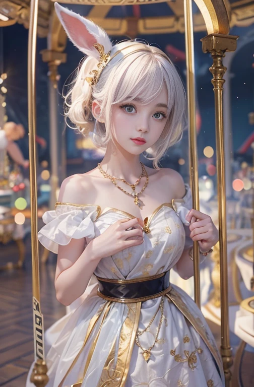 face is in front、look at the camera、profile、8K、real photos、ultra high resolution, master parts, highest quality, ticker , cinematic images,nice girl、Ann、、Annグロサクソン、double eyelid、droopy eyes、very big eyes、eyes are purple、dark eye shadow、lips are very thin、long nose.、nostrils are very small, very detailed , silver hair、straight short hair、smile、 sweet expression 、)、very clear shadows , jewelry , fine eyes, extremely difficult, shiny skin , パーフェクトブリリAnnト, perfect sentence, dramatic shadow、white tiara on head、gold necklace around the neck、White aristocratic dress with gold embroidery、glass high heels、angel wings