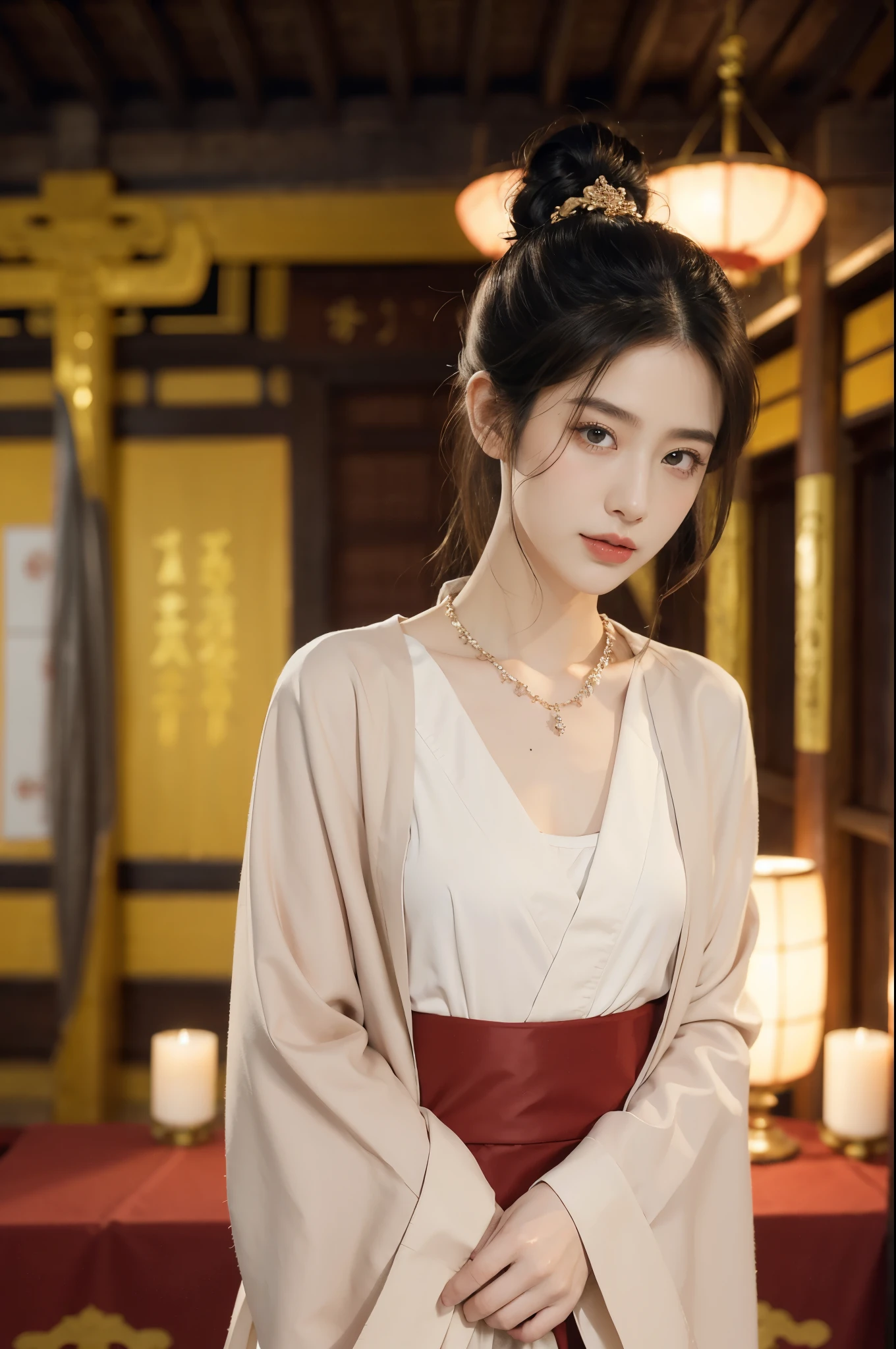 ((((8k))),((Extremely meticulous CG)) ,(wallpaper),16k,((Extremely refined and beautiful)),(((Masterpiece))),(((best qualtiy))),(((Ultra High Resolution))),beautiful light up,realistic shaded,(Smooth and flawless fair skin:1.5),(pale skin:1.3),(Extremely exquisite facial details:1.2),(perfect body:1.1),(ultra-detailed:1.5),((A beautiful girl,solo)),(small head:1.2),(short ponytail:1.3),(slender face:1.3),(Exquisite makeup:1.2),(blush:1.3),(earings:1.2),(necklace:1.2),((slim,thin)),(laughing:1.2),(robe made from Buddhist scripture pages:1.5),(small breasts:1.2),(flat chests:1.2),(hakama:1.3),(night scene:1.5),(dim light:1.3),(indoor:1.3),(In the main hall of Buddhist temple:1.5),(Extremely luxurious decoration:1.3),(detailed background:1.5),(standing:1.3),(arms behind back:1.3),(upper body:1.3),(from front:1.3)