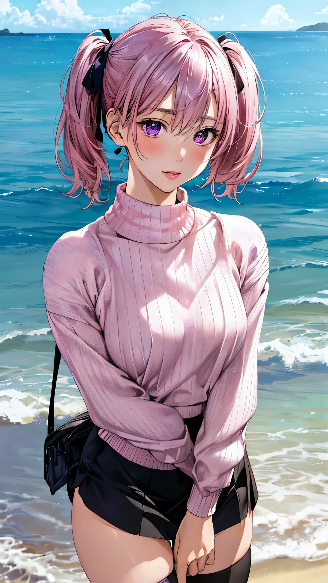 (masterpiece:1.3, top-quality, ultra high res, ultra detailed), (realistic, photorealistic:1.4), beautiful illustration, perfect lighting, natural lighting, colorful, depth of fields, surrealism, 
beautiful detailed hair, beautiful detailed face, beautiful detailed eyes, beautiful clavicle, beautiful body, beautiful chest, beautiful thigh, beautiful legs, beautiful fingers, shiny skin, 
looking at viewer, 1 girl, japanese, high school girl, (perfect anatomy, anatomically correct, super detailed skin), cute and symmetrical face, babyface, perfect face, perfect eyes, perfect fingers,
(short hair, twintails, pink hair), hair between eyes, purple eyes, big eyes, drooping eyes, glossy lip, long eyelashes, (medium breasts, seductive thighs), slender, 
((detailed cloth texture, high neck pink sweater:1.2, cute black mini skirt), white knee-high socks, loafers, hair ribbon), 
(beautiful scenery), morning, (beach), raise right leg, , (nervous, close mouth), 