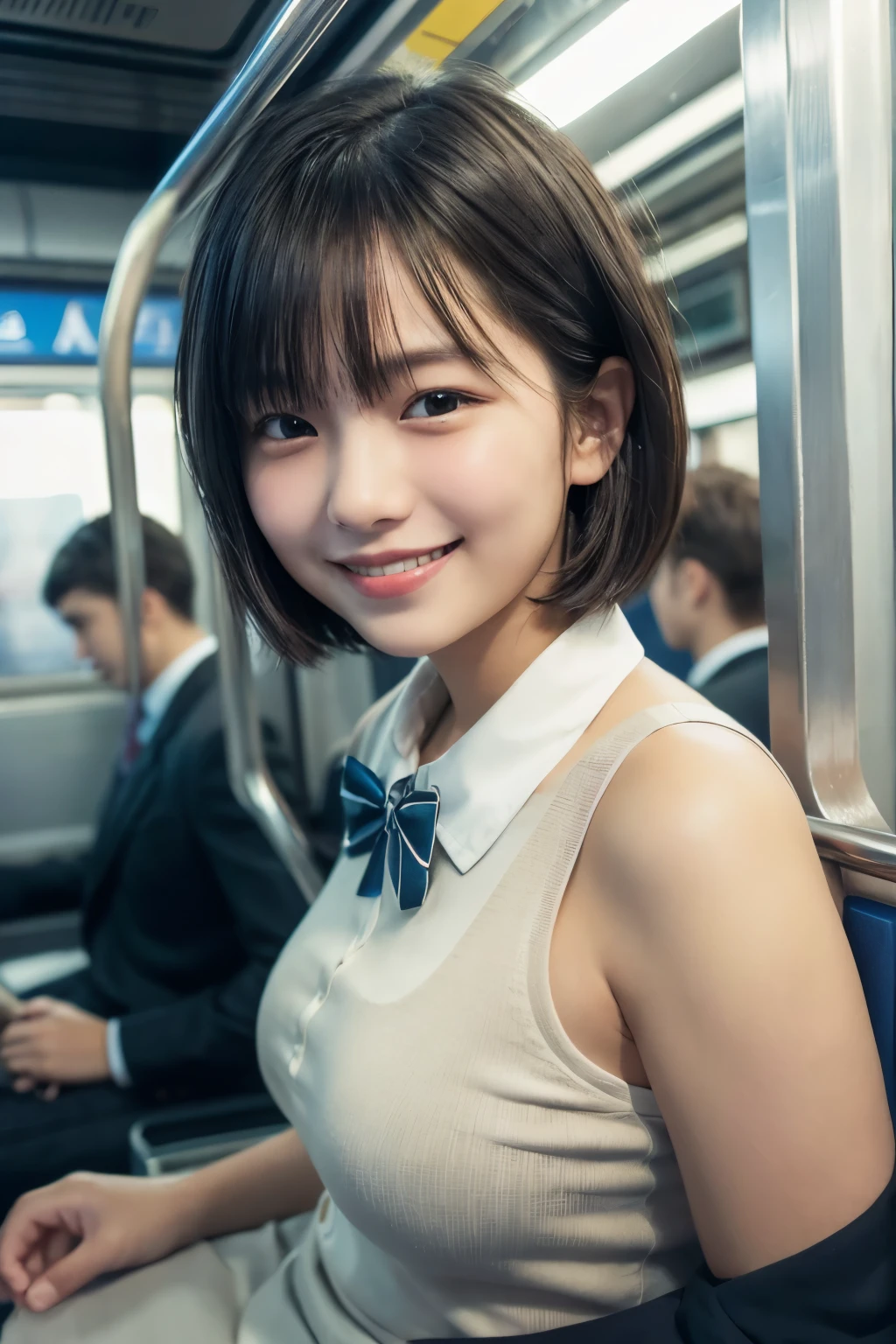 highest quality, masterpiece, Ultra-high resolution, (Reality: 1.4), Original photo, One woman, mature, happy smile, short hair, plump body, , Cinema Lighting, from below, High school girl on a crowded train, Wearing a uniform