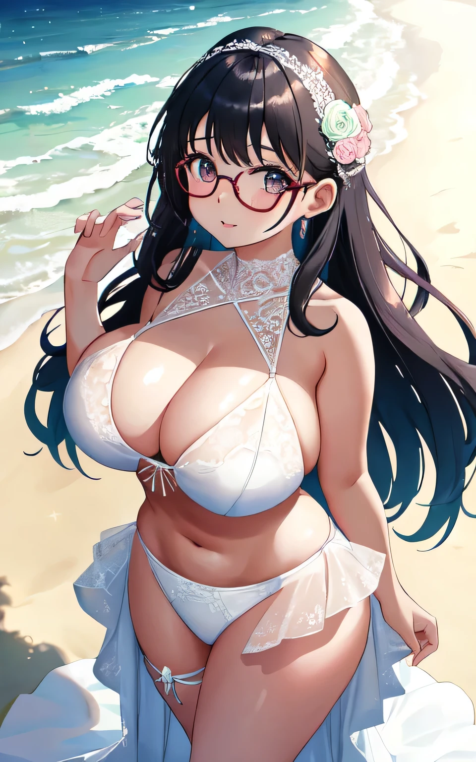 A with big breasts, plump figure, round, wearing a gradient wedding dress, lace bikini, bikini is lace cut-out, on the beach, wearing glasses and wearing thin tulle
