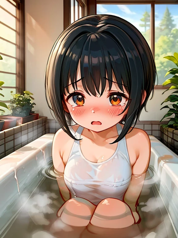 masterpiece,highest quality,Very detailed,One girl,alone,Scared,Panic,The pupils constrict,shout,Raise your eyebrows,Are crying,Eyes Wide Open, Swimsuit, One piece swimsuit, White swimsuit, Idol Master, Miho Kohinata, Black Hair, Short Hair, Watery eye, Punishment, Crying face, scream, I am in agony, Desperately struggling, whole body, shame, boiling water，steam, whole bodyが水槽の中, Bright red skin, Withstands the heat, Being boiled, Boiled in a pot,Ironing, Transparent bathtub, Constraints, Hanging