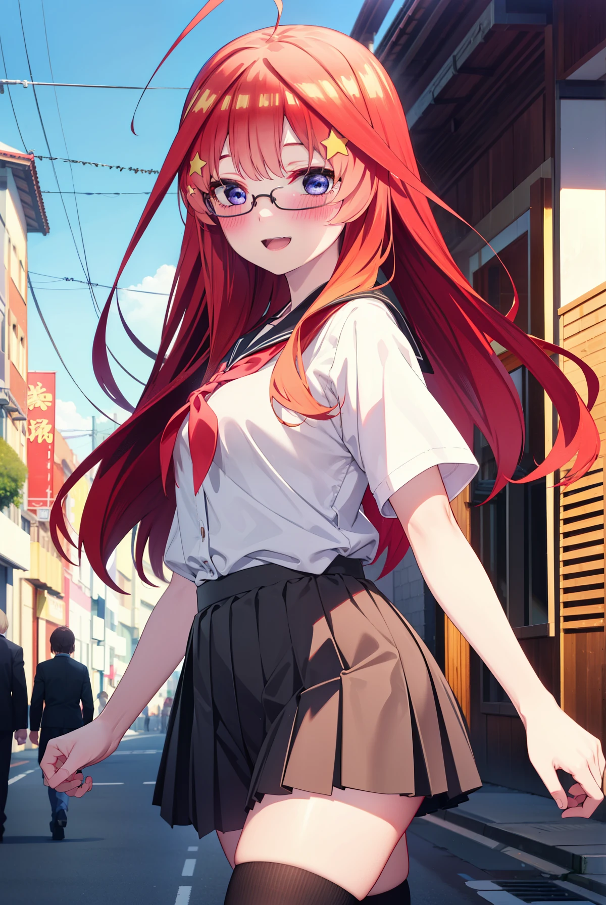 itsukinakano, Itsuki Nakano, bangs, blue eyes, Hair between the eyes, Ahoge, Redhead, star \(symbol\), hair ornaments, star 髪飾,blush,smile、happy smile, smile, Open your mouth,Akagi glasses,Japan High School Girl(Black sailor suit),Short sleeve,black pleated skirt,Black knee-high socks,Brown loafers,Walking,morning,morning陽,The sun is rising,whole bodyがイラストに入るように,Walking
break outdoors, In town,Building district,
break looking at viewer, whole body,
break (masterpiece:1.2), highest quality, High resolution, unity 8k wallpaper, (figure:0.8), (Beautiful fine details:1.6), Highly detailed face, Perfect lighting, Highly detailed CG, (Perfect hands, Perfect Anatomy),