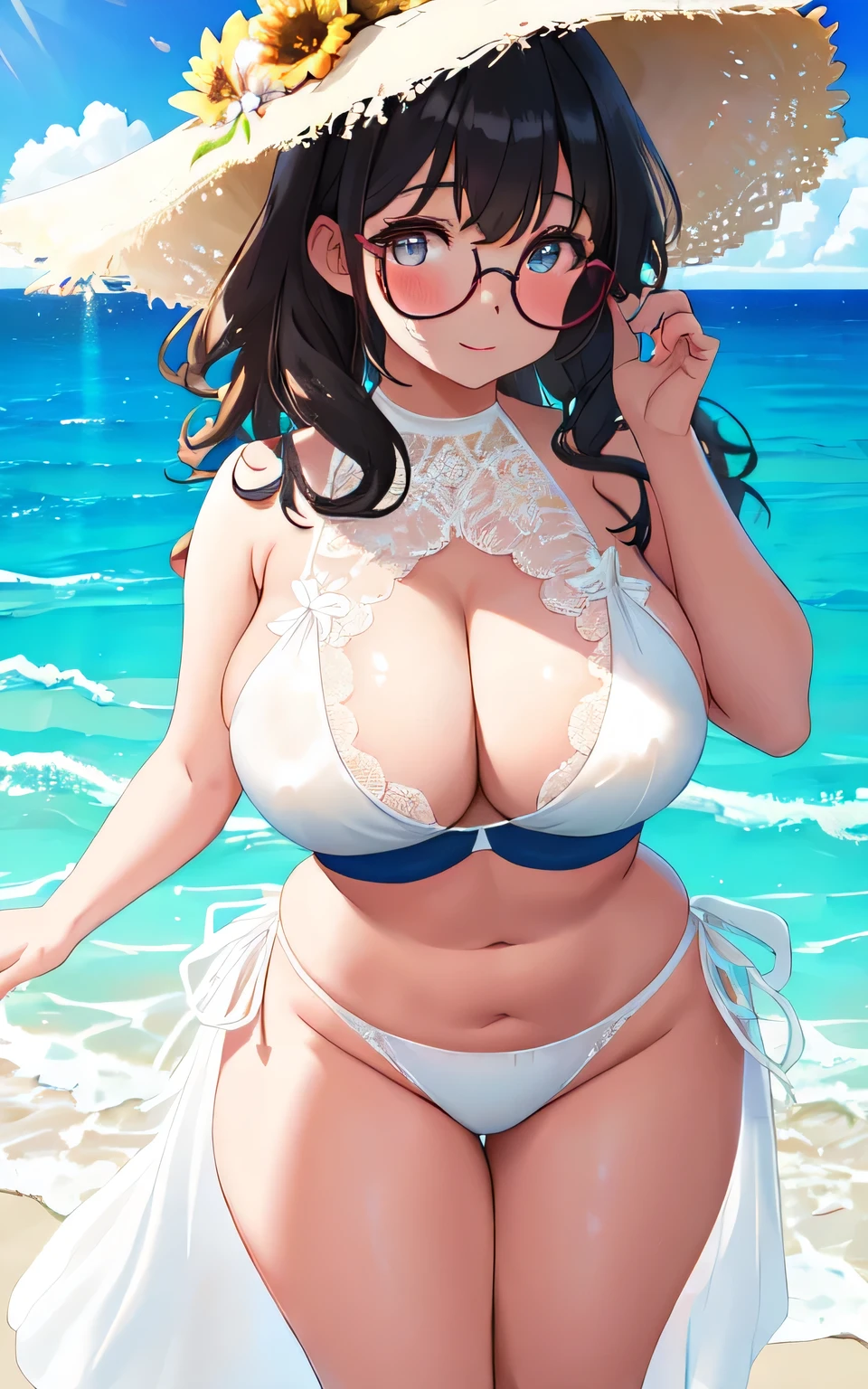 A 6-year-old girl with big breasts, plump figure, round, wearing a gradient wedding dress, lace bikini, bikini is lace cut-out, on the beach, wearing glasses and wearing thin tulle