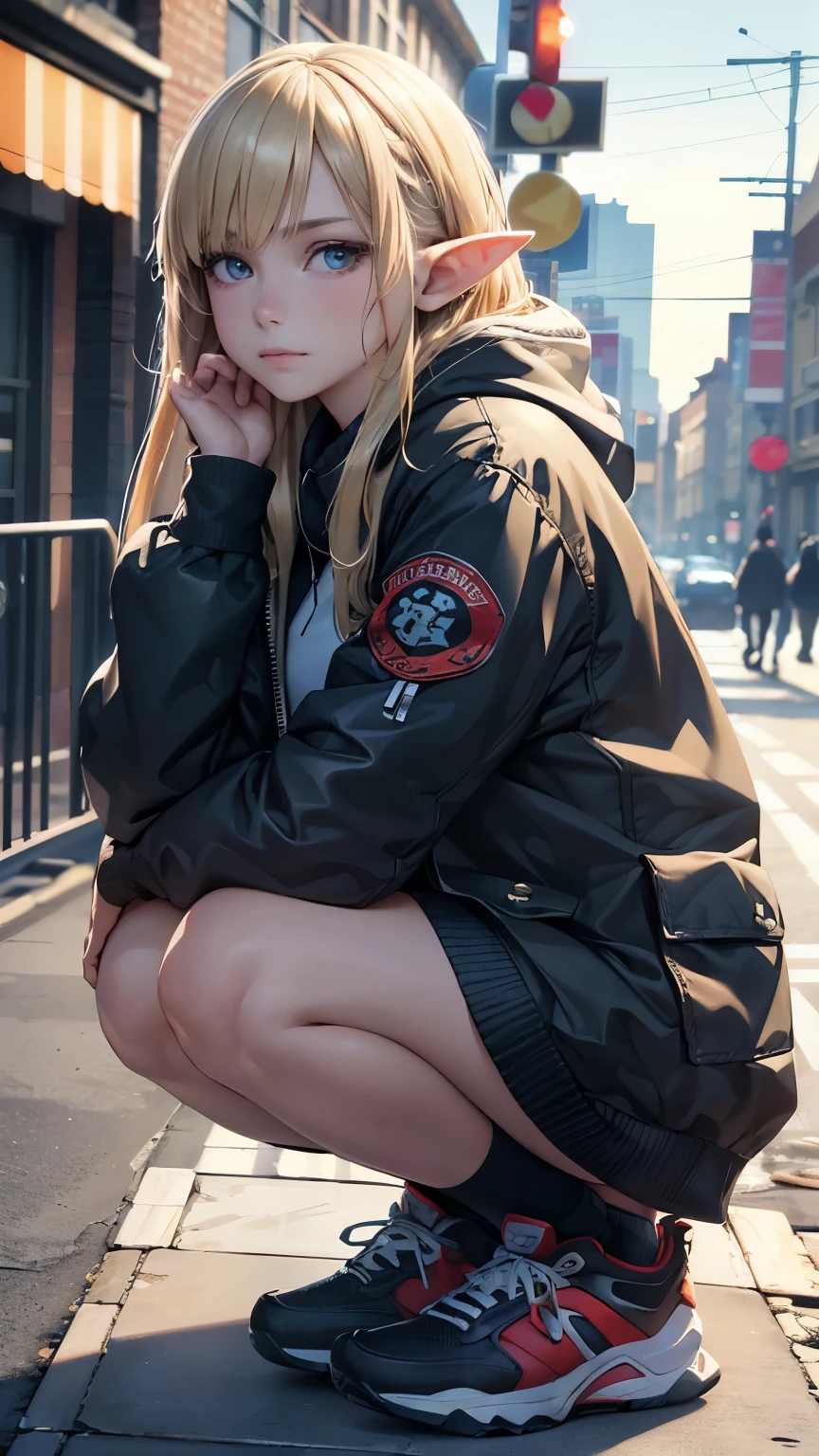 (highest quality, 8k, 32k, masterpiece, Ultra-high resolution):1.2, Blurred Background, Great photo with beautiful saturation, Ultra-high resolution,(Realistic:1.4)),Deep Shadow,(highest quality), ultra Realistic,32k,Highly detailed CG Unity 8k wallpaper, highest quality, (Detailed face, Perfect Face, Perfect Eyes, Realistic eyes),1 girl,Trendy clothes,clock,sneakers,Squat down,Hands hang down naturally,Hooded jacket,Street side,(Elf),(Blonde)