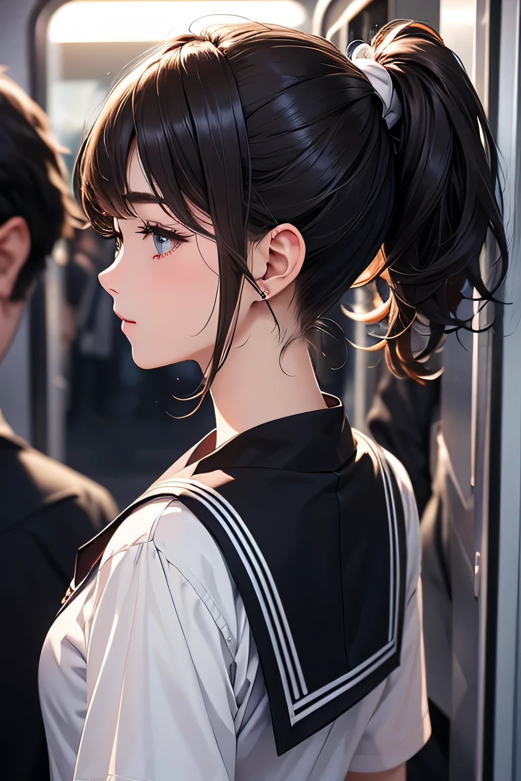 highest quality、High resolution、Detailed Background、Teenage beauty、ponytail、well-groomed eyebrows、Dark colored sailor dress、White sailor collar、Super close-up of a sexy nape from directly behind、Close-up of the nape from directly behind、In a crowded train