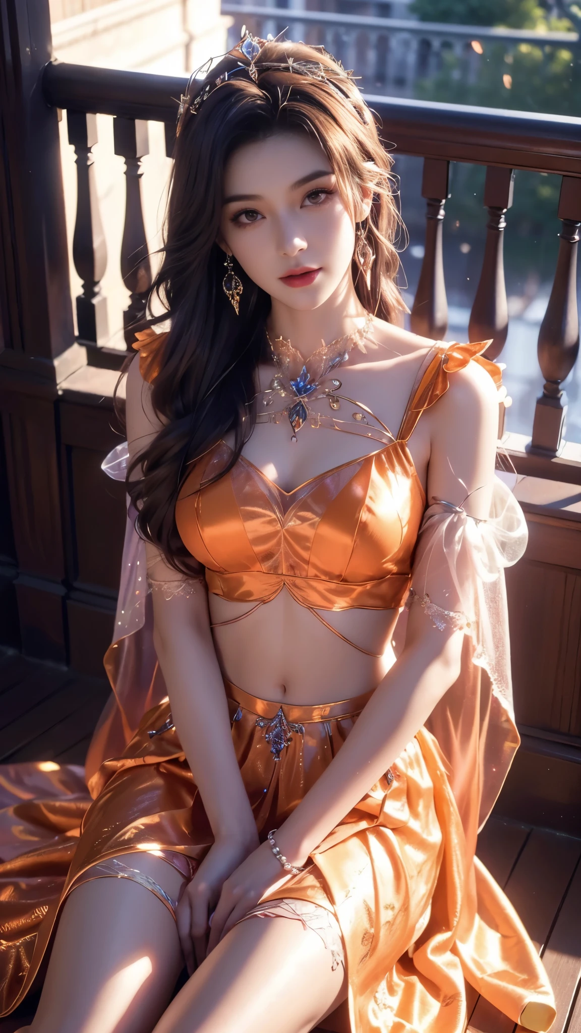 8K, UHD, MAsterpiece, best quality, 1 girl, ((realistic face)), happy pace, very long hair, small breasts, perfect waist, decorated dress, very beautiful ornaments dress, ((orange color)), ((lace)), mesh dress, mesh cape flowing, sardine, loops, navel, ((ornaments)), ((legendary night balcony)), depth of field, cinematic lighting, chromatic aberration, motion blur, glowing light, god rays, ray tracing, ((reflection light)), backlighting, bloom, chromatic aberration abuse, multiple monochrome, sitting,