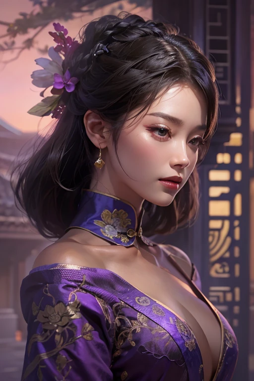 A beautiful woman in a purple Chinese dress stands quietly., Beautiful woman in her late 27s, Realistic Paintings by Cynthia Shepherd, cgsociety contest winner, Fantasy art, Style Ivan Talavera and Artgelm, Elegant cinematic pose, Charlie Bowter: Rich and deep colors, Beautiful and attractive anime women, Charlie Bowter's Style, Surreal Art Nouveau, A stunningly elegant pose, hyperrealistic Fantasy art, highest quality, The perfect angle, Perfect composition, Best Shot, Official Art, Cinematic Light, Figurative art, Beautiful and expressive paintings, Beautiful artwork illustration, wonderful, Cool Beauty, clear, Mysterious, highest quality, Official Art, Perfect composition,The perfect angle, Best Shot, women only, Sharp contours, In the midst of a conspiracy, Faces behind the scenes, Dark government official, Dark Mission, Top Agent, Government officials, Famous Spy, A talented female spy, Beautiful female spy, very fine and beautiful eyes, Beautiful slitted eyes, Very beautiful face, A talented secret agent, Sabotage Expert, Spy X21, Concealing a gun and a knife, Eyes without pupils, color eye, Ideal animation, melancholy, Nostalgia, romantic, 1930s, Hongkong, Beautiful cityscape, Sepia-toned memories, An unforgettable woman, Esbian all over, hard boiled