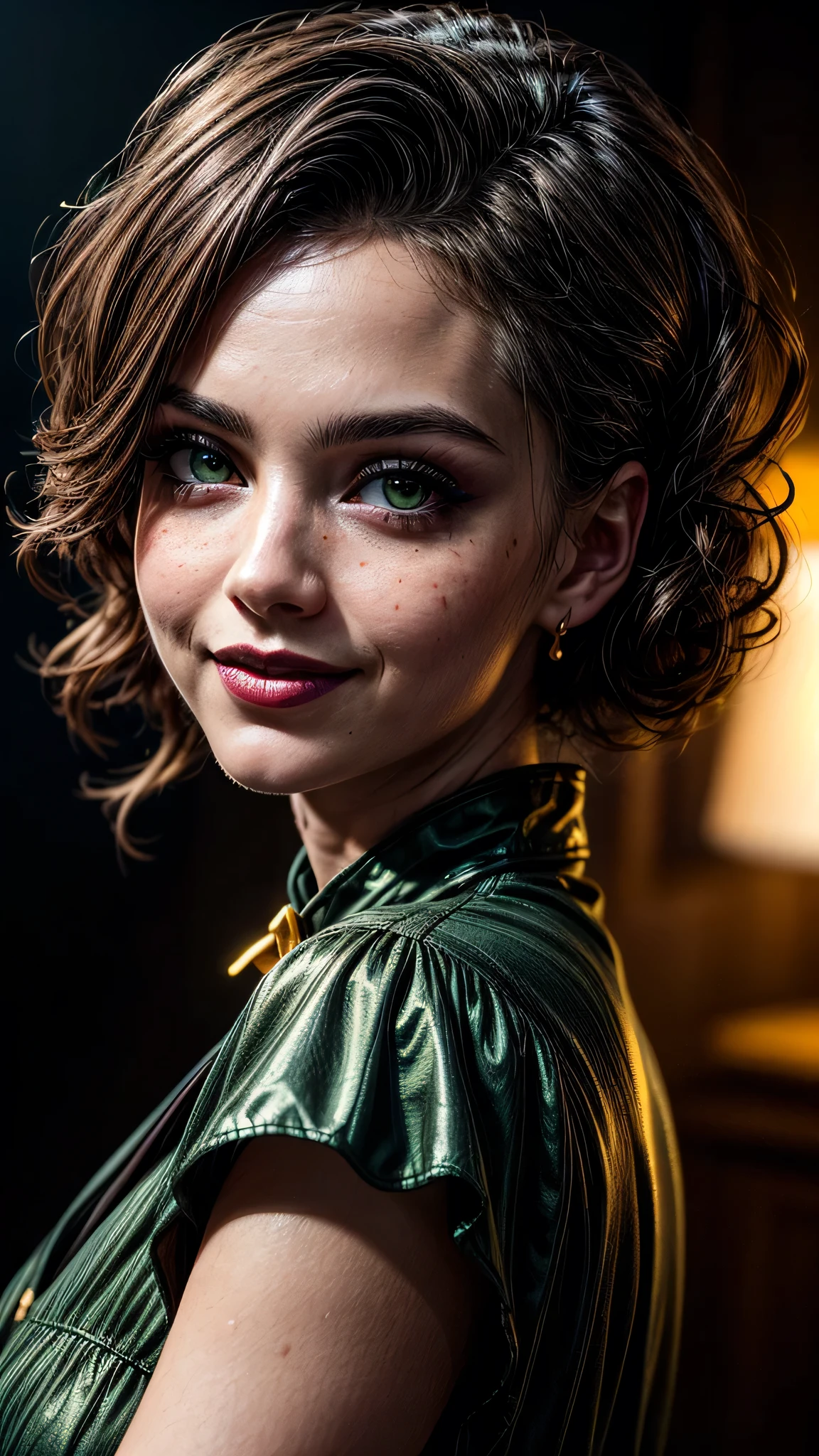 ((best quality: 1.5)) ((masterpiece)), intricate details, soft focus, professional, real life, realistic representation of the face, dim volumetric lighting, dynamic pose, in the style of realistic and hyper detailed renderings BREAK (detailed 20 year old woman, (((blackout gothic eye makeup, (portrait, cheekbones, thick), black lips, pointed chin, smiling), clear green eyes, short curly [blonde hair:white hair:0.3], Victorian green chinoiserie gold dress, high collar, film grain, bokeh, black background, dark empty room, golden hour), emerald, nose piercing, determined expression), freckles:0.8), photorealistic, hyper-realistic, 8K