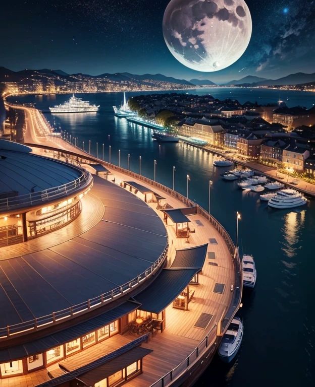 View of the harbor from a luxury cruise ship、A city with a view of the sea、moon、後光が差すmoon光、いmoon、A reproduction of the 1980s streetscape.、Milky Way Galaxy、