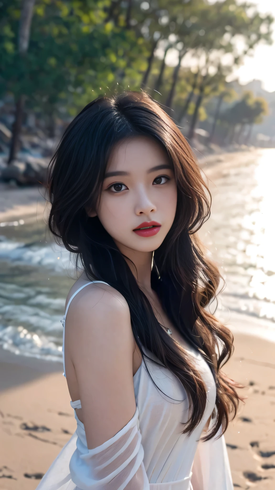 best quality,masterpiece,ultra high resolution,(actual:1.4),original photo,ultra high definition,8k,A perfect young female,in the dark,High picture quality,Black hair,Long hair flowing over the shoulders,Beach wave hairstyle,Hydrated red lips,Real Human,CG rendering
