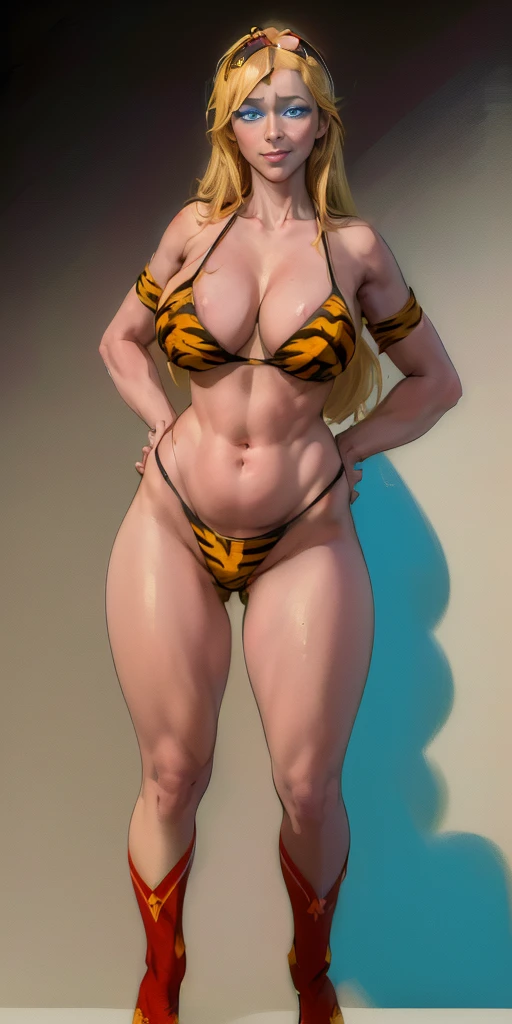 ((Masterpiece, plain background,1:2)) full body Princess Nina standing straight symmetrical against contrapposto yellow tiger print BIKINI stockings sleeves, clenching fists hands on waist hips, navel (blue eyes:1.5) blonde long hair, hair between eyelashes, red cheeks smile closed mouth