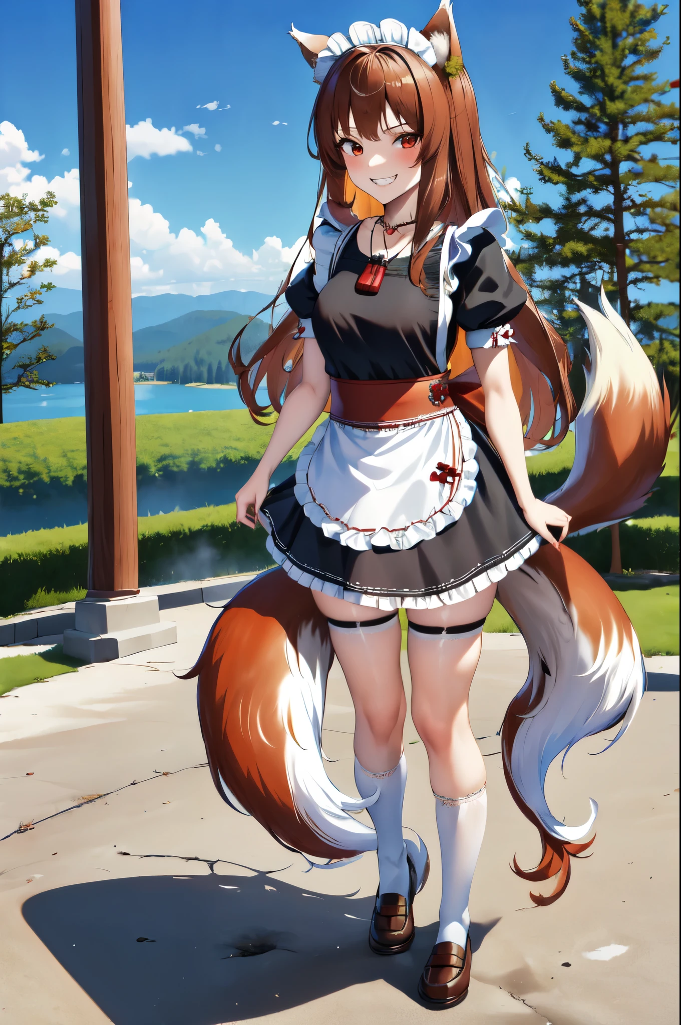 masterpiece, best quality, highres, 1girl, long hair, brown hair, animal ears, red eyes, (wolf tail), (maid, maid uniform), necklace, sash, pouch, smile, grin, ((future sci-fi landscape)), holding in hands, standing