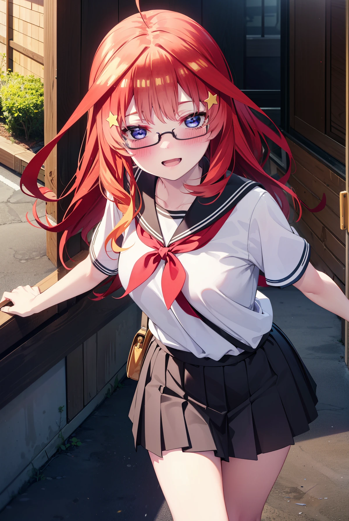 itsukinakano, Itsuki Nakano, bangs, blue eyes, Hair between the eyes, Ahoge, Redhead, star \(symbol\), hair ornaments, star 髪飾,blush,smile、happy smile, smile, Open your mouth,Akagi glasses,Big Breasts,Japan High School Girl(Black sailor suit),Short sleeve,black pleated skirt,Black knee-high socks,Brown loafers,Walking,morning,morning陽,The sun is rising,whole bodyがイラストに入るように,Walking
break outdoors, In town,Building district,
break looking at viewer, whole body,
break (masterpiece:1.2), highest quality, High resolution, unity 8k wallpaper, (figure:0.8), (Beautiful fine details:1.6), Highly detailed face, Perfect lighting, Highly detailed CG, (Perfect hands, Perfect Anatomy),