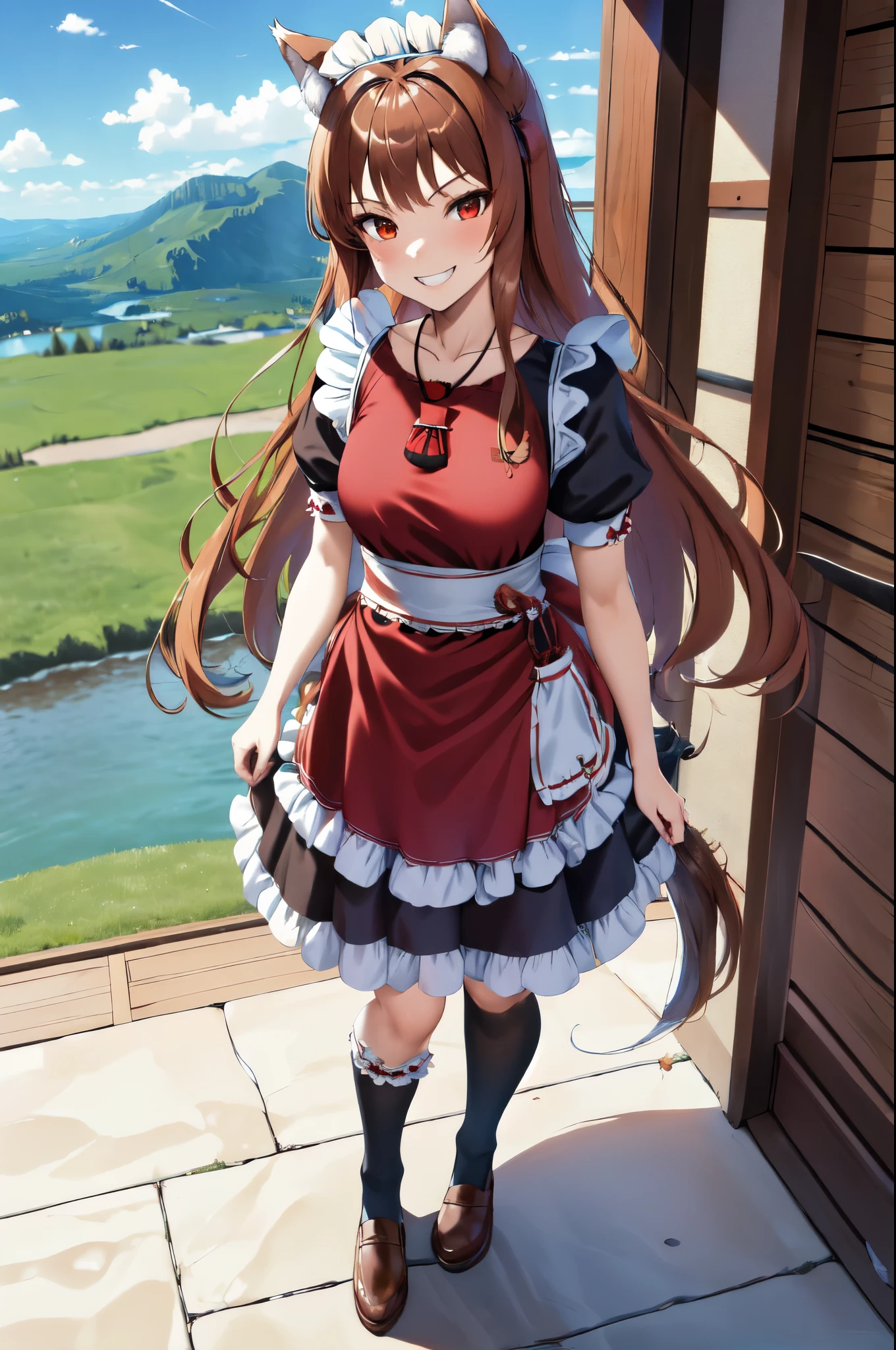 masterpiece, best quality, highres, 1girl, long hair, brown hair, animal ears, red eyes, (wolf tail), (maid, maid uniform), necklace, sash, pouch, smile, grin, ((future sci-fi landscape)), holding in hands, standing