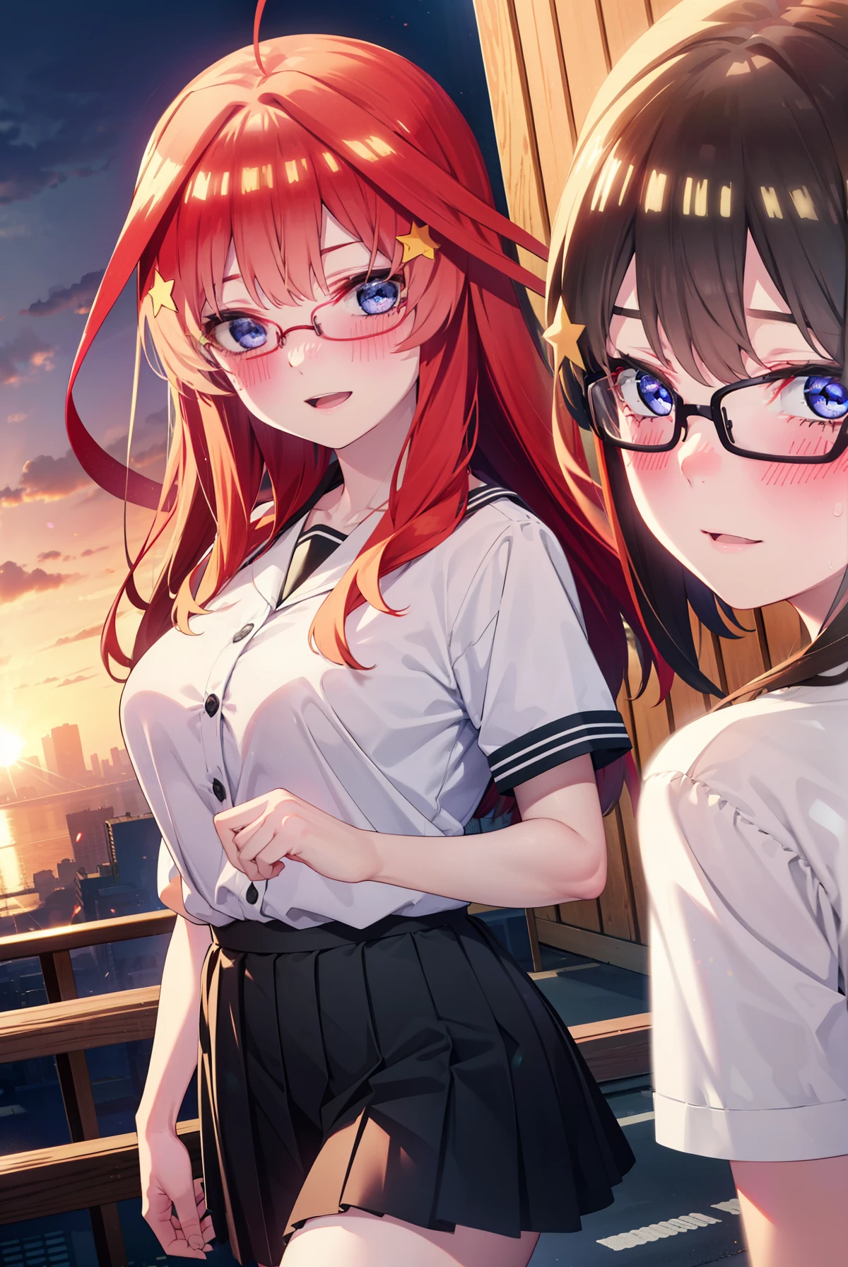 itsukinakano, Itsuki Nakano, bangs, blue eyes, Hair between the eyes, Ahoge, Redhead, star \(symbol\), hair ornaments, star 髪飾,blush,smile、happy smile, smile, Open your mouth,Akagi glasses,Big Breasts,Japan High School Girl(Black sailor suit),Short sleeve,black pleated skirt,Black knee-high socks,Brown loafers,Walking,morning,morning陽,The sun is rising,whole bodyがイラストに入るように,Walking
break outdoors, In town,Building district,
break looking at viewer, whole body,
break (masterpiece:1.2), highest quality, High resolution, unity 8k wallpaper, (figure:0.8), (Beautiful fine details:1.6), Highly detailed face, Perfect lighting, Highly detailed CG, (Perfect hands, Perfect Anatomy),