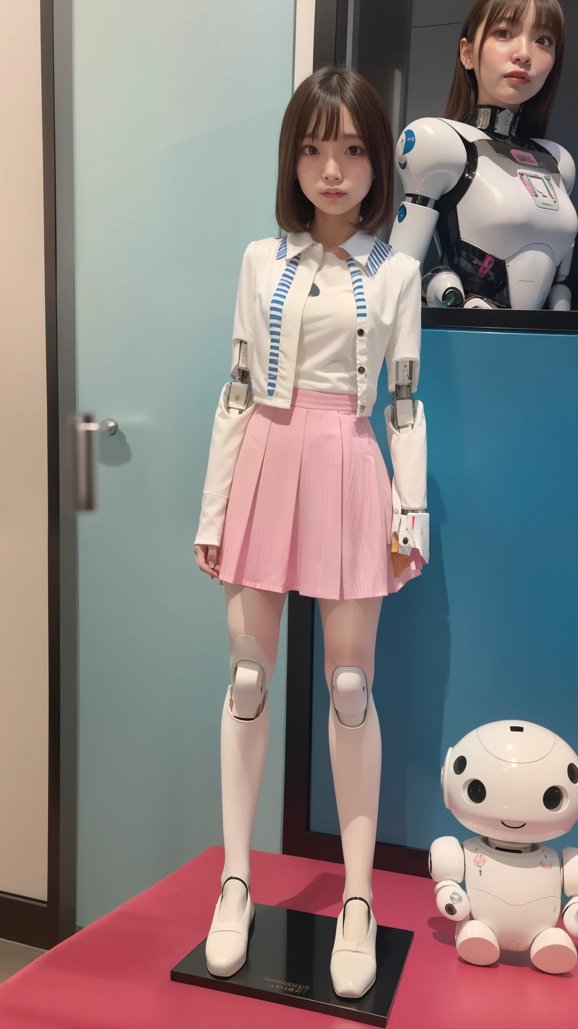 Costume like a idol, blue and white half sleeve Jacket, pink satin ruffled blouse, White and pink stripe pleated skirt, robot