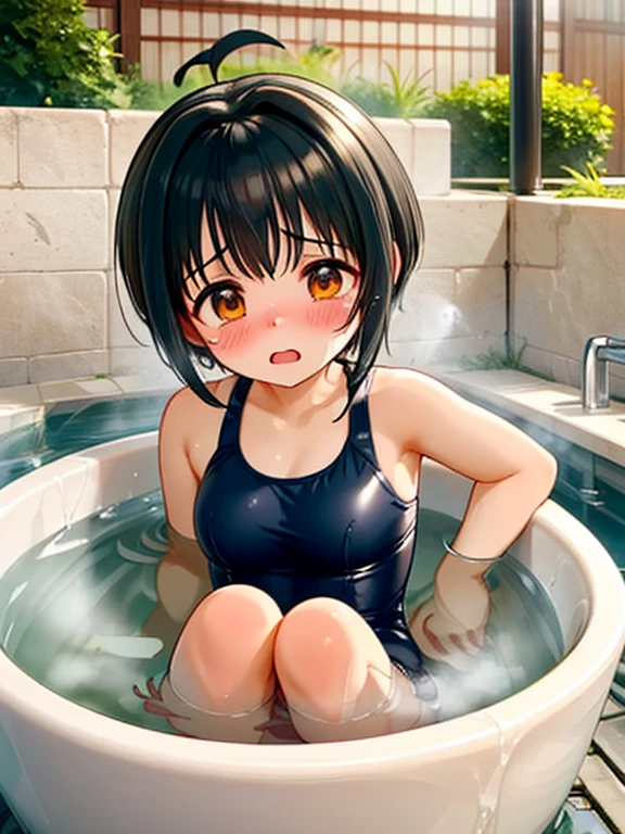 masterpiece,highest quality,Very detailed,One girl,alone,Scared,Panic,The pupils constrict,shout,Raise your eyebrows,Are crying,Eyes Wide Open, Swimsuit, One piece swimsuit, White swimsuit, Idol Master, Miho Kohinata, Black Hair, Short Hair, Watery eye, Punishment, Crying face, scream, I am in agony, Desperately struggling, whole body, shame, boiling water，steam, whole bodyが水槽の中, Bright red skin, Withstands the heat, Being boiled, Boiled in a pot,Ironing, Transparent bathtub, Constraints, Hanging