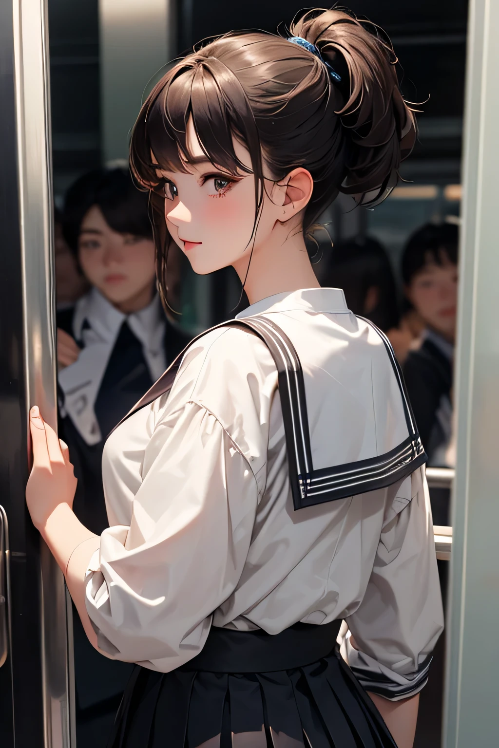 highest quality、High resolution、Detailed Background、Teenage beauty、Highly detailed face、ponytail、Bobcut、well-groomed eyebrows、Dark colored sailor suit、White sailor collar、Pleated skirt、Super close-up of a sexy nape from directly behind、Close-up of the nape from directly behind、In a crowded train、Cute gestures