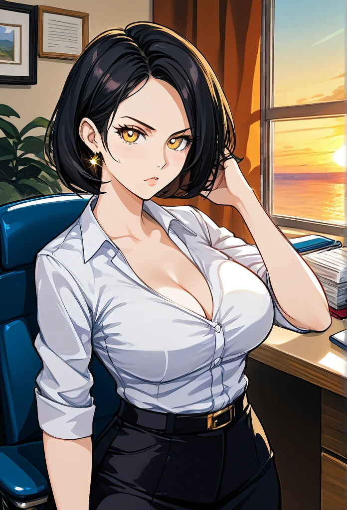 masterpiece, best quality, sunset, cowboy shot, mature woman, bob hairstyle, black hair, mature face, hot face, sharp eyes, medium breasts, curvy body, golden eyes, business clothes, looking at viewer, very close to viewer, face to face, tough appearance, in the office
 ((looking serious), 