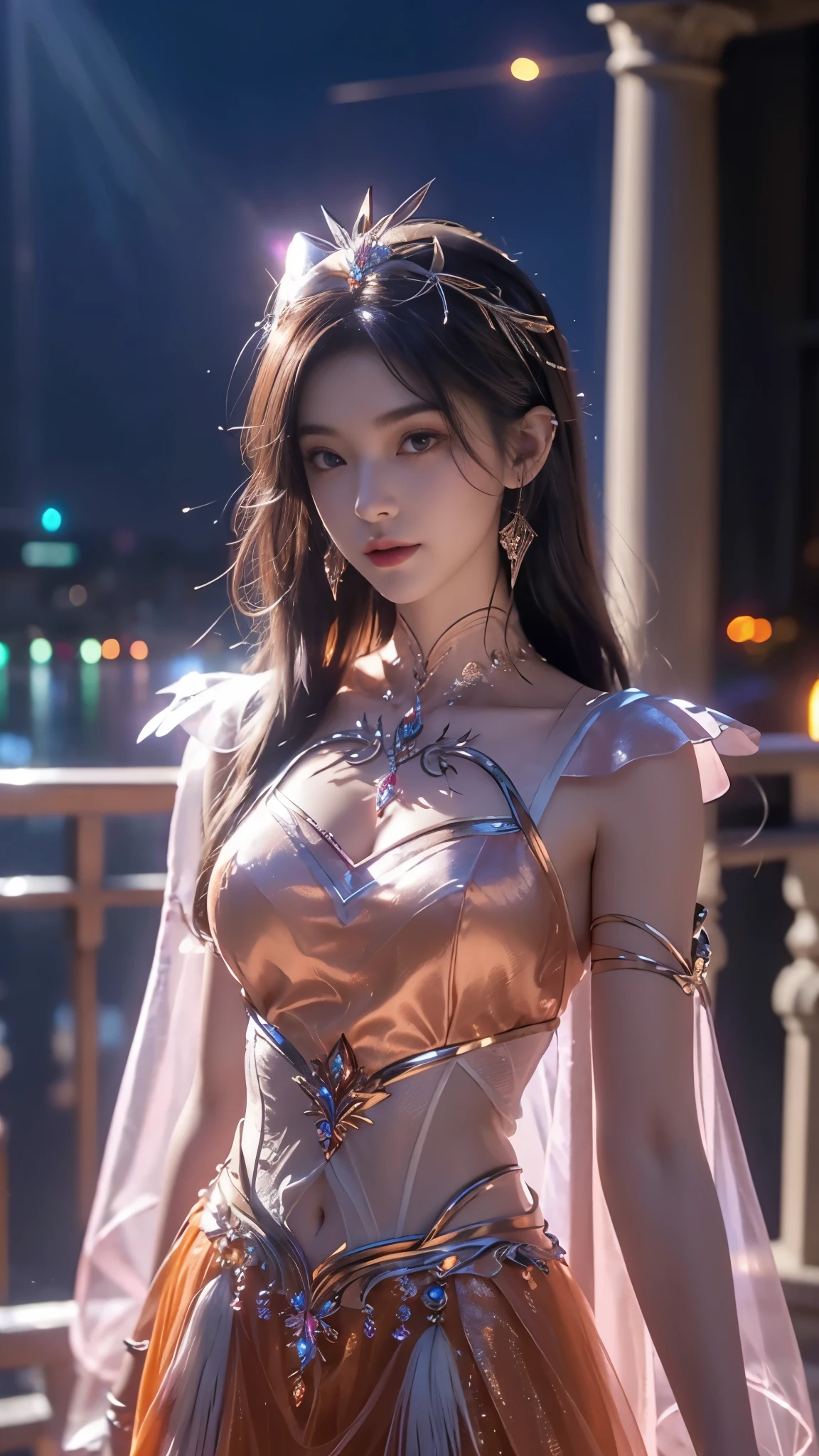 8K, UHD, MAsterpiece, best quality, 1 girl, ((realistic face)), happy pace, very long hair, small breasts, perfect waist, decorated dress, very beautiful ornaments dress, ((orange color)), ((lace)), mesh dress, mesh cape flowing, sardine, loops, navel, ((ornaments)), legendary night balcony, ((night:1.5)), depth of field, cinematic lighting, chromatic aberration, motion blur, ((glowing light)), god rays, ray tracing, ((reflection light)), backlighting, bloom, chromatic aberration abuse, multiple monochrome, (((front body))),