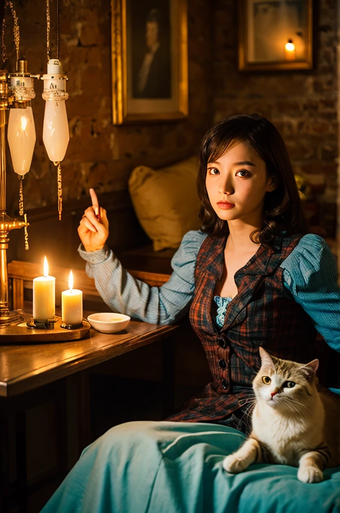 "Steampunk girl with her cat robot companion, Relax in a candlelit room, Eye contact with viewers, Shooting with wide angle."