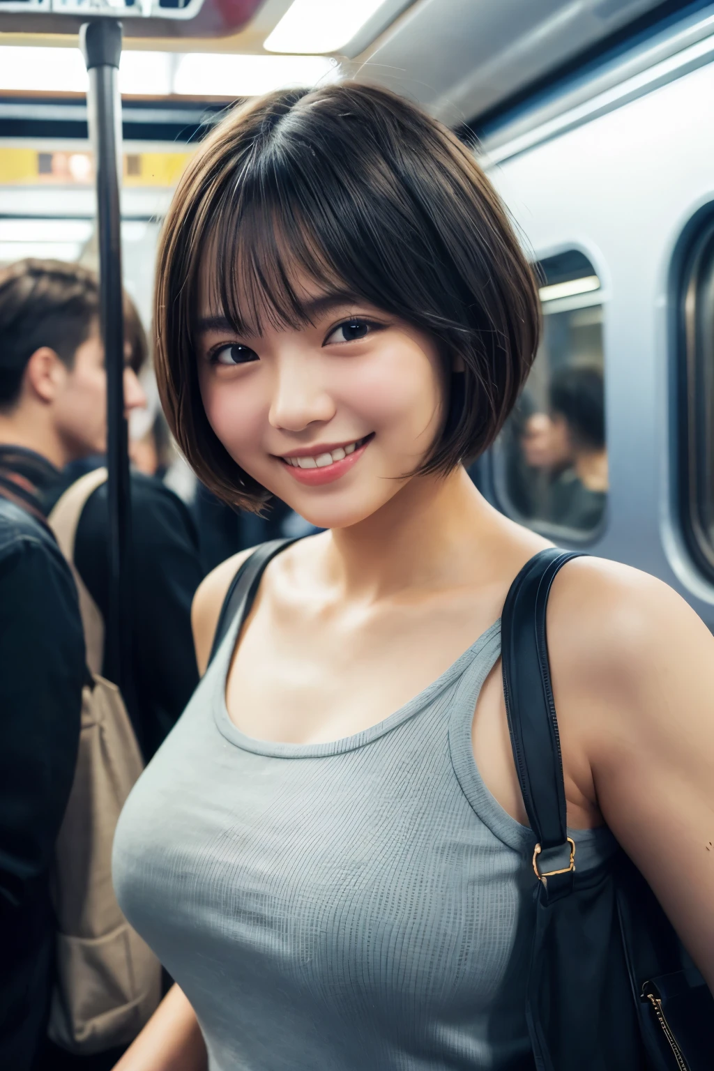 highest quality, masterpiece, Ultra-high resolution, (Reality: 1.4), Original photo, 3 women, mature, happy smile, short hair, plump body, , Cinema Lighting, from below, High school girl on a crowded train、