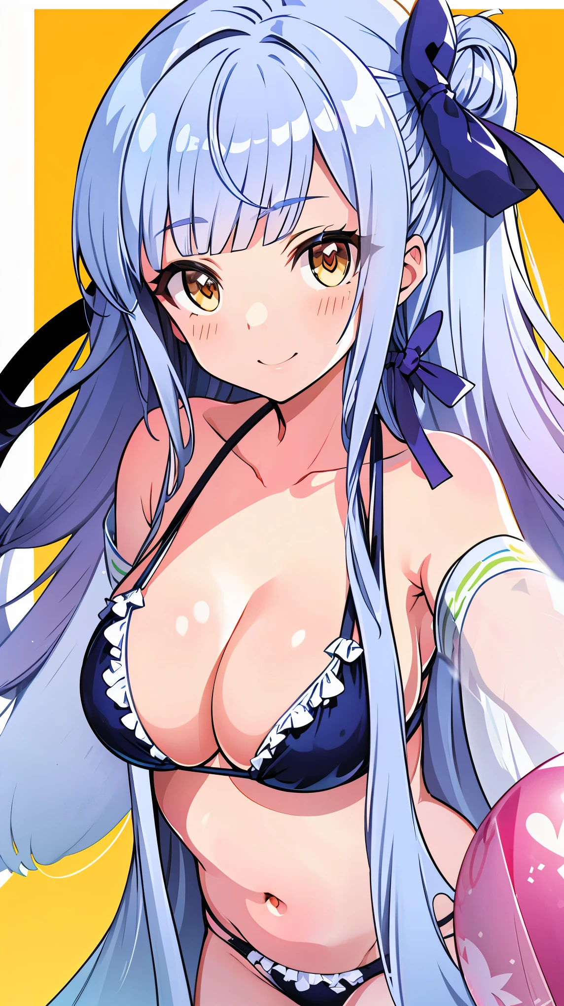 High resolution,masterpiece, highest quality, smile , Con_Kanaho, (((busty))),1girl,sensual body, heart in the eyes , Her cheeks flushed, swimwear , bikini , Forward bend , looking at me