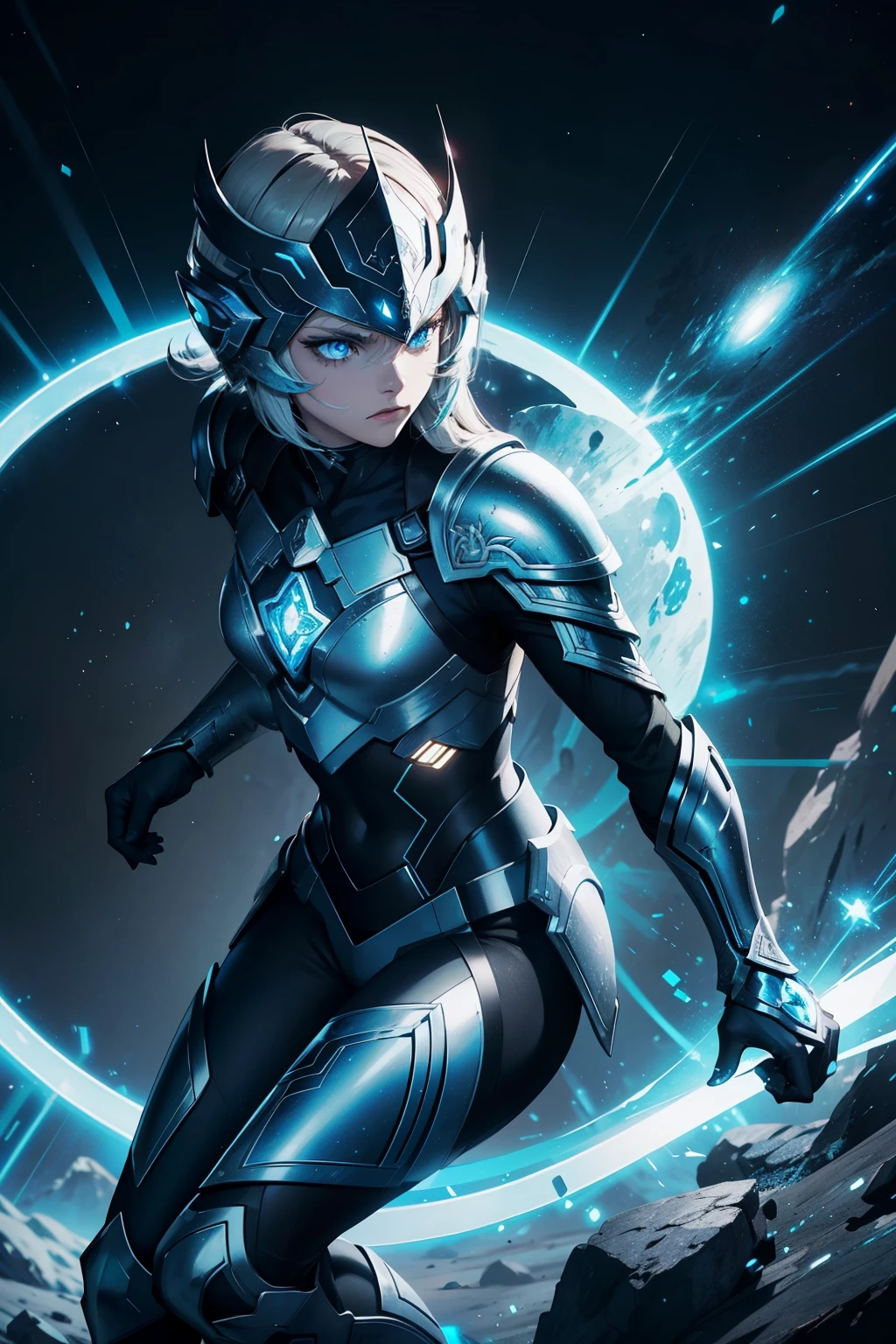Space Warrior with Shield:

This illustration showcases a brave and powerful space warrior, clad in advanced armor, wielding a shield that gleams with an otherworldly radiance. The warrior's determined expression radiates courage and strength. The shield, intricately designed, features intriguing symbols and holographic markings that shimmer with each movement. The warrior's sleek helmet covers the upper part of their face, while their piercing blue eyes remain visible, conveying a fierce gaze. The detailed armor showcases a variety of textures and layers, demonstrating the highest picture quality and attention to detail. The warrior's pose is dynamic, with one leg slightly bent and