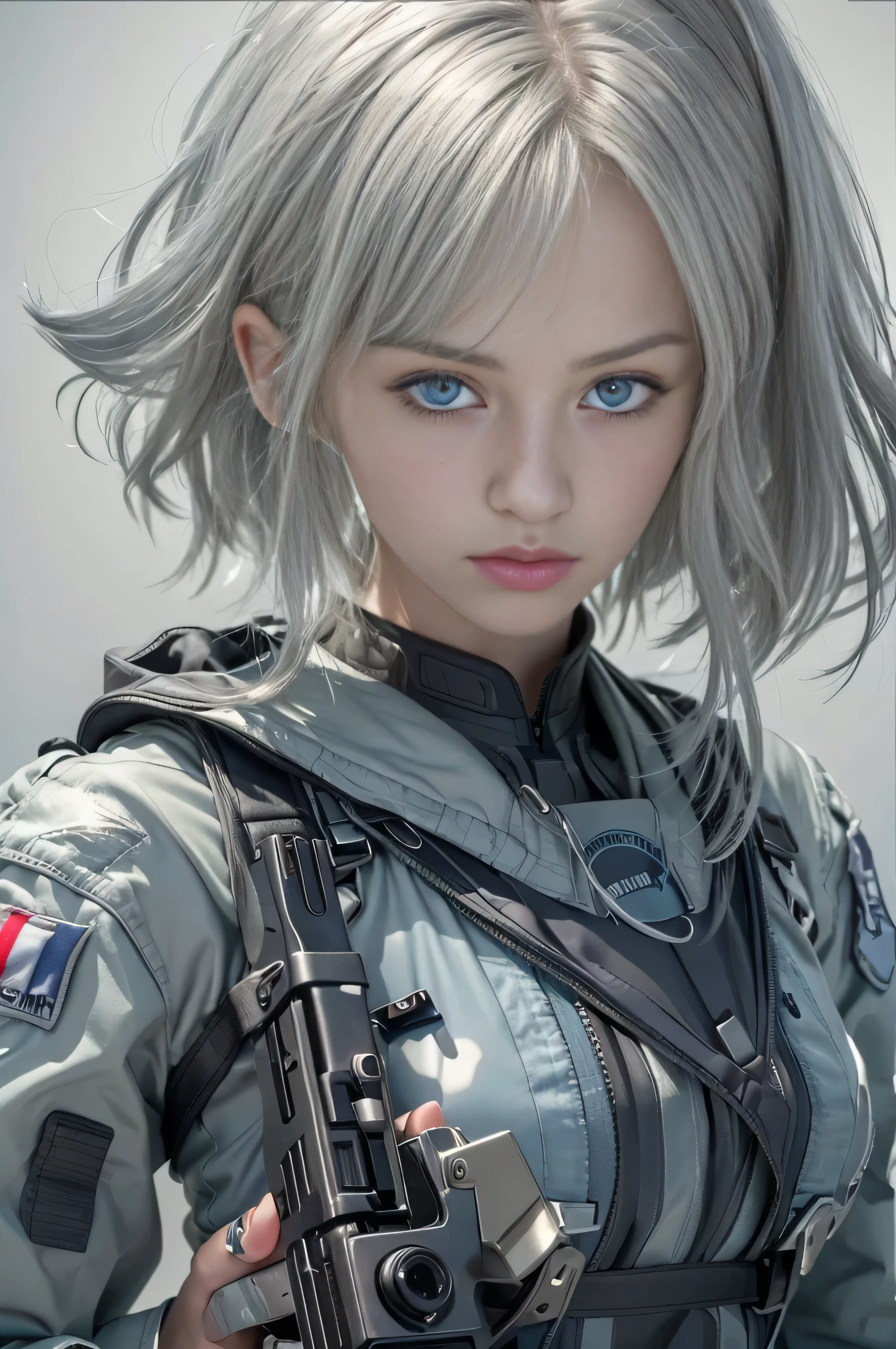 (RAW quality:1.4), Realistic, highest quality:1.3, High resolution, 1 female, 16 years old, alone, sexy, Hip Up, Beautiful Blue Eyes, (Realistic Face), (boyish, Silver color very short hair), Tight light grey military bodysuit, Assault rifle, jewelry, Portraiture, (Assault rifleを持つ:1.4),