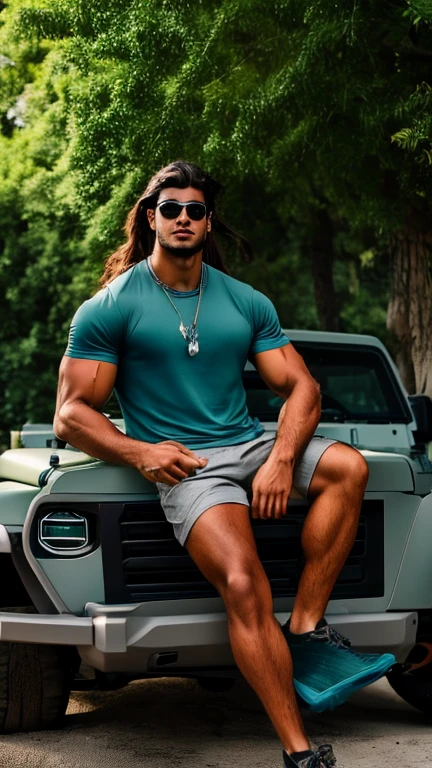 Young adult Greek, handsome, strong, muscular, with a gray and green Hawaiian t-shirt, scarlet shorts, brown sandals, sunglasses, dolphin necklace, long hair painted black with blue and purple tufts, sitting and doing a double bending of arms in a Jeep Wrangler Hunter