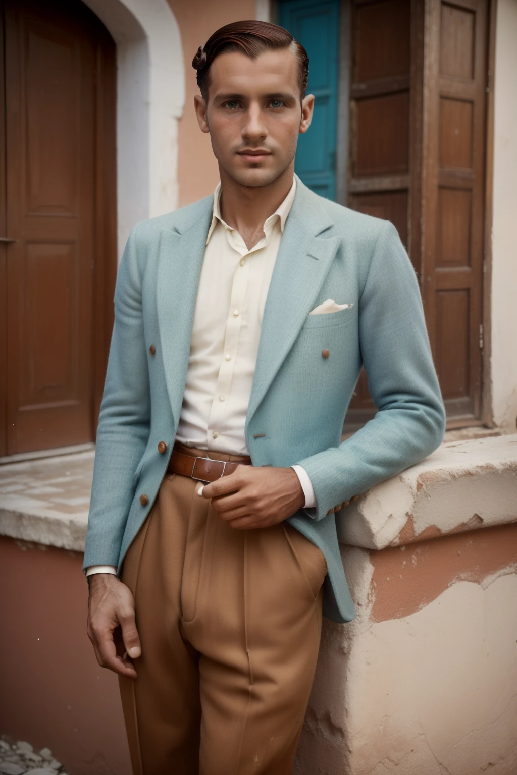 Tetouan, 1937. A young ((((35-year-old)) Marcus Logan)), pale englishman, tall, ((((clothings from the 1930s)))), ((messy chestnut hairstyle of the 1930s)), (colorful)