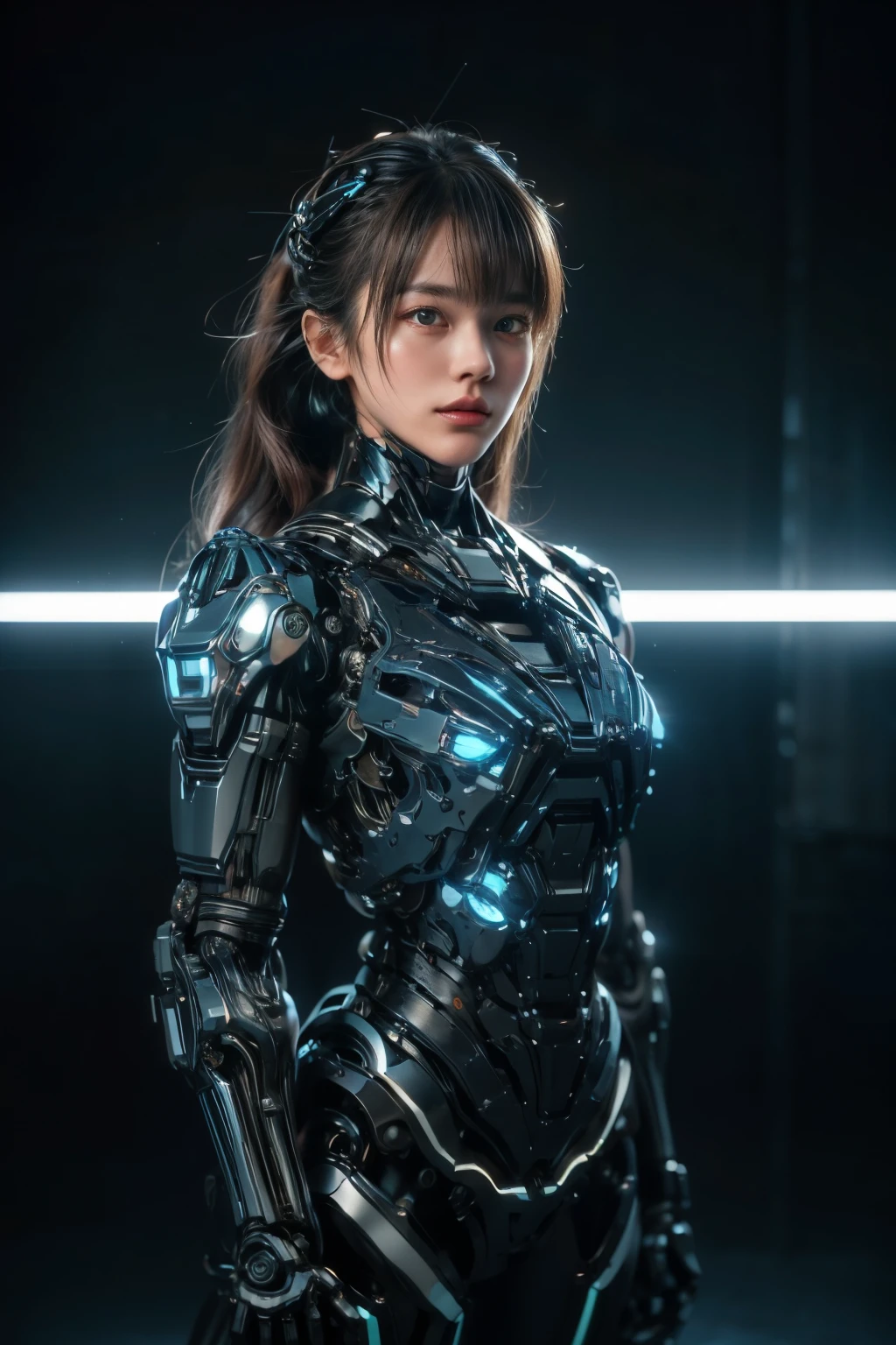 (best quality:1.2), 8k, highres, octan render, (masterpiece), extremely ultra detail, cyborgized Japanese woman, extremely ultra cute face, , skinny body, flat chest, (blue metallic mechanical frame:1.5), (Power cables connected throughout the body), detaile up, Instead of hair, there are cables growing out of it, mechanical fusion, mechanical skeleton, bio mechanics, mechanical life-form, highly intricate detail, extremely ultra real texture, human-like skin, realistic hair, ultra realistic details, professional lighting, (realistic:1.4), (RAW photo:1.2), (photorealistic:1.37)