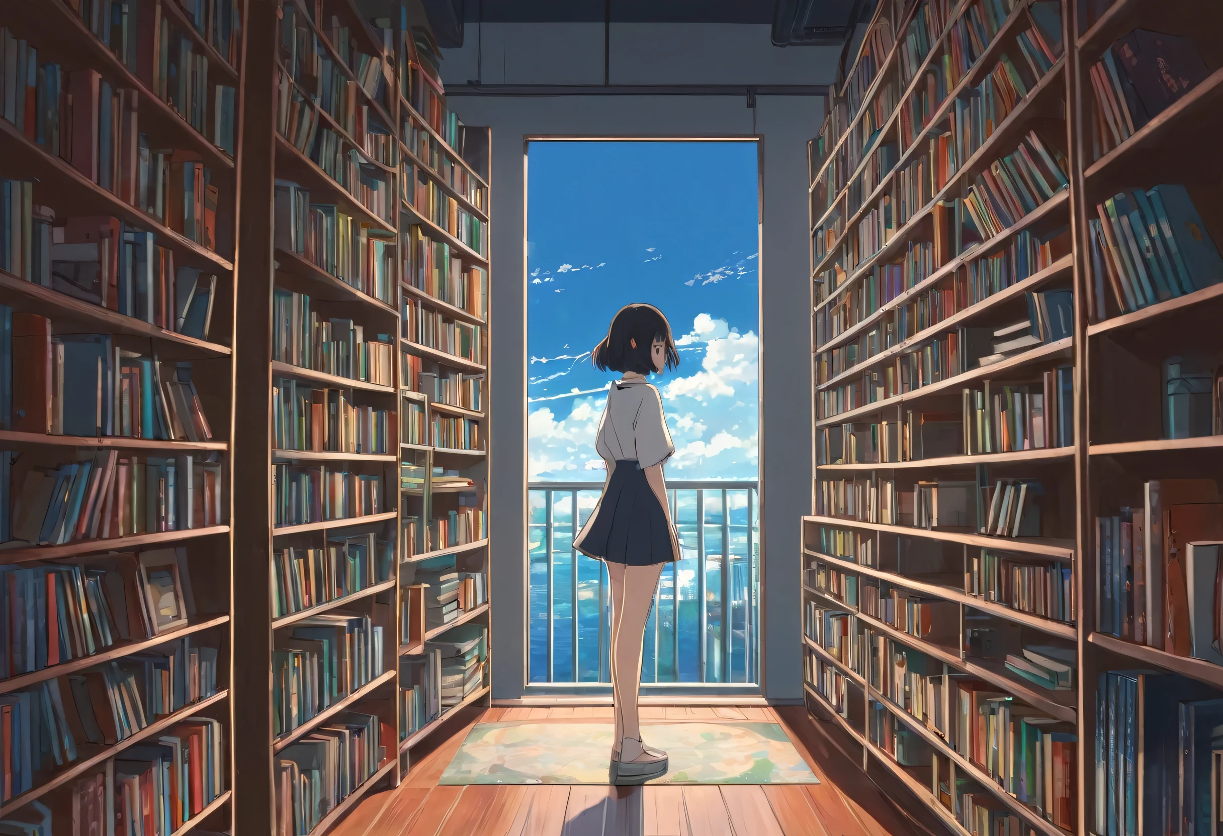 Animated bookshelf with a happy woman standing on it, Anime drawn by Kamisaka Setsuka, Pixiv, Conceptual Art, LOFI Girl, Anime Background Art, Anime Aesthetics, Tokyo Anime Scene, Lofi Art, in Makoto Shinkai&#39;s Style, Makoto Shinkai&#39;s Style, LOFI Girl aesthetic, 9 0 s Anime Aesthetics