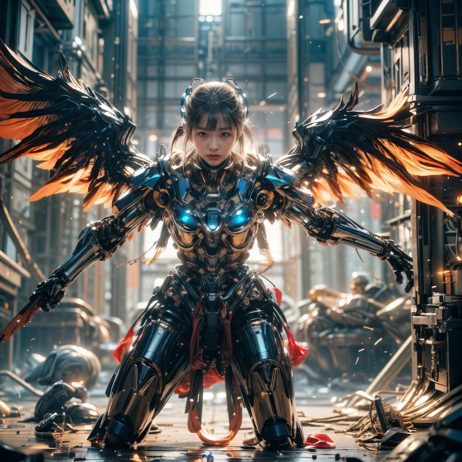 (best quality:1.2), 8k, highres, octan render, (masterpiece), extremely ultra detail, cyborgized Japanese woman, extremely ultra cute face, , skinny body, flat chest, (blue metallic mechanical frame:1.5), (Power cables connected throughout the body), detaile up, Instead of hair, there are cables growing out of it, mechanical fusion, mechanical skeleton, bio mechanics, mechanical life-form, highly intricate detail, extremely ultra real texture, human-like skin, realistic hair, ultra realistic details, professional lighting, (realistic:1.4), (RAW photo:1.2), (photorealistic:1.37)