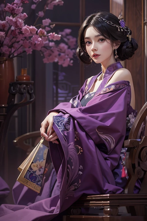 A beautiful woman in a purple Chinese dress stands quietly., Beautiful woman in her late 27s, Realistic Paintings by Cynthia Shepherd, cgsociety contest winner, Fantasy art, Style Ivan Talavera and Artgelm, Elegant cinematic pose, Charlie Bowter: Rich and deep colors, Beautiful and attractive anime women, Charlie Bowter&#39;s Style, Surreal Art Nouveau, A stunningly elegant pose, hyperrealistic Fantasy art, highest quality, The perfect angle, Perfect composition, Best Shot, Official Art, Cinematic Light, Figurative art, Beautiful and expressive paintings, Beautiful artwork illustration, wonderful, Cool Beauty, clear, Mysterious, highest quality, Official Art, Perfect composition,The perfect angle, Best Shot, women only, Sharp contours, In the midst of a conspiracy, Faces behind the scenes, Dark government official, Dark Mission, Top Agent, Government officials, Famous Spy, A talented female spy, Beautiful female spy, very fine and beautiful eyes, Beautiful slitted eyes, Very beautiful face, A talented secret agent, Sabotage Expert, Spy X21, Concealing a gun and a knife, Eyes without pupils, color eye, Ideal animation,　melancholy, Nostalgia, romantic, 1930s, Hongkong, Beautiful cityscape, Sepia-toned memories, An unforgettable woman, Esbian all over, hard boiled