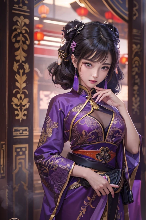 A beautiful woman in a purple Chinese dress stands quietly., Beautiful woman in her late 27s, Realistic Paintings by Cynthia Shepherd, cgsociety contest winner, Fantasy art, Style Ivan Talavera and Artgelm, Elegant cinematic pose, Charlie Bowter: Rich and deep colors, Beautiful and attractive anime women, Charlie Bowter's Style, Surreal Art Nouveau, A stunningly elegant pose, hyperrealistic Fantasy art, highest quality, The perfect angle, Perfect composition, Best Shot, Official Art, Cinematic Light, Figurative art, Beautiful and expressive paintings, Beautiful artwork illustration, wonderful, Cool Beauty, clear, Mysterious, highest quality, Official Art, Perfect composition,The perfect angle, Best Shot, women only, Sharp contours, In the midst of a conspiracy, Faces behind the scenes, Dark government official, Dark Mission, Top Agent, Government officials, Famous Spy, A talented female spy, Beautiful female spy, very fine and beautiful eyes, Beautiful slitted eyes, Very beautiful face, A talented secret agent, Sabotage Expert, Spy X21, Concealing a gun and a knife, Eyes without pupils, color eye, Ideal animation, melancholy, Nostalgia, romantic, 1930s, Hongkong, Beautiful cityscape, Sepia-toned memories, An unforgettable woman, Esbian all over, hard boiled