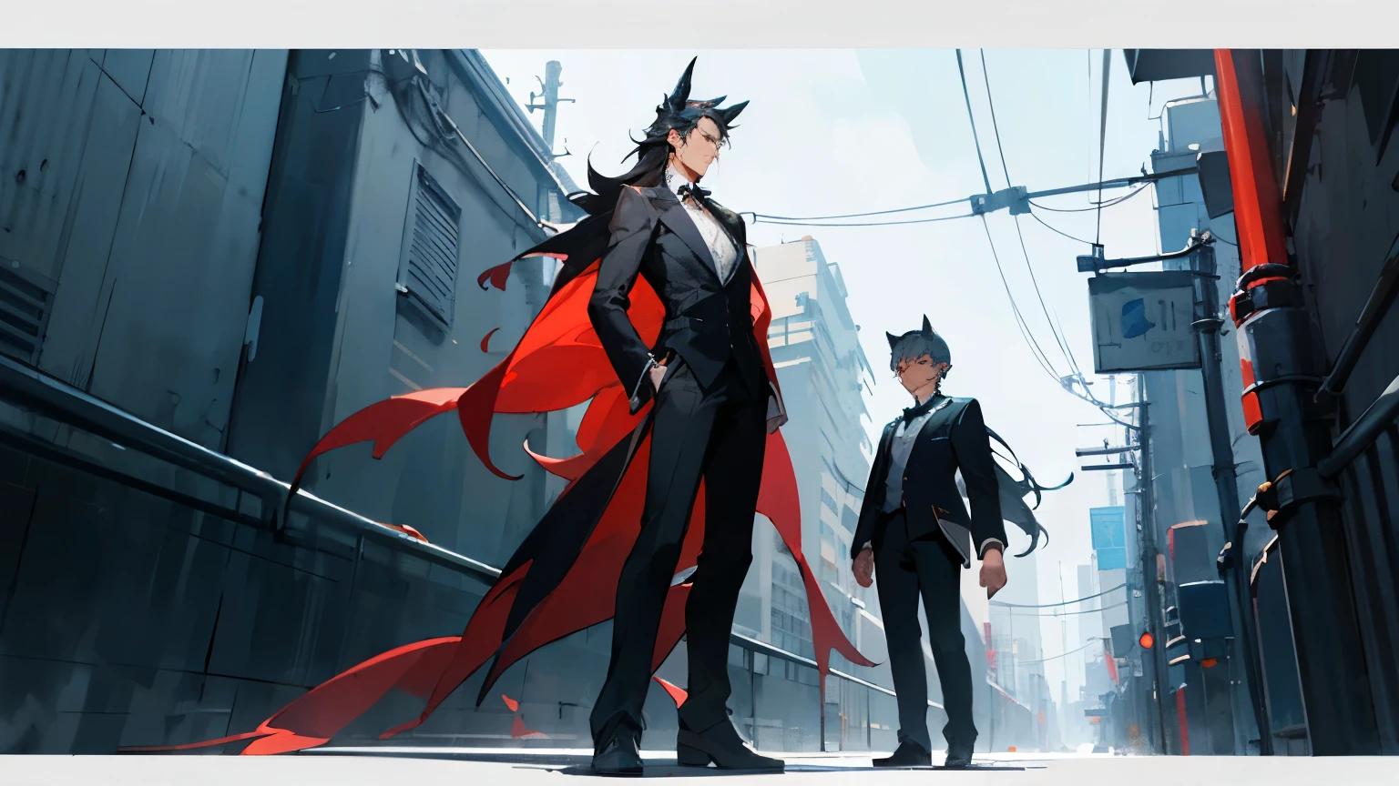Create a full-body illustration in a watercolor style of a handsome young man with long hair, standing in a narrow alleyway in a modern metropolis. The character should be slender and delicate, featuring elements of both a dragon and a wolf, such as subtle dragon scales on his arms and neck, and wolf-like ears. The background should be dark, with no lighting, front facing, modern Black suit