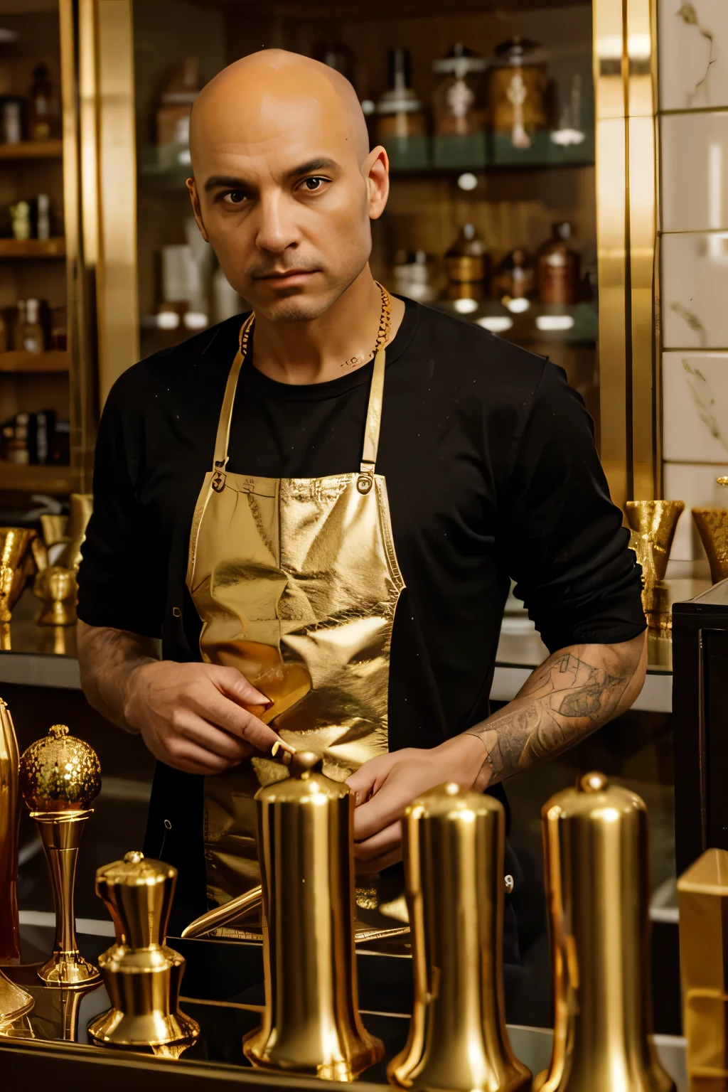 A man in a gold dealer shop, behind the counter, looking at camera, with bald hair