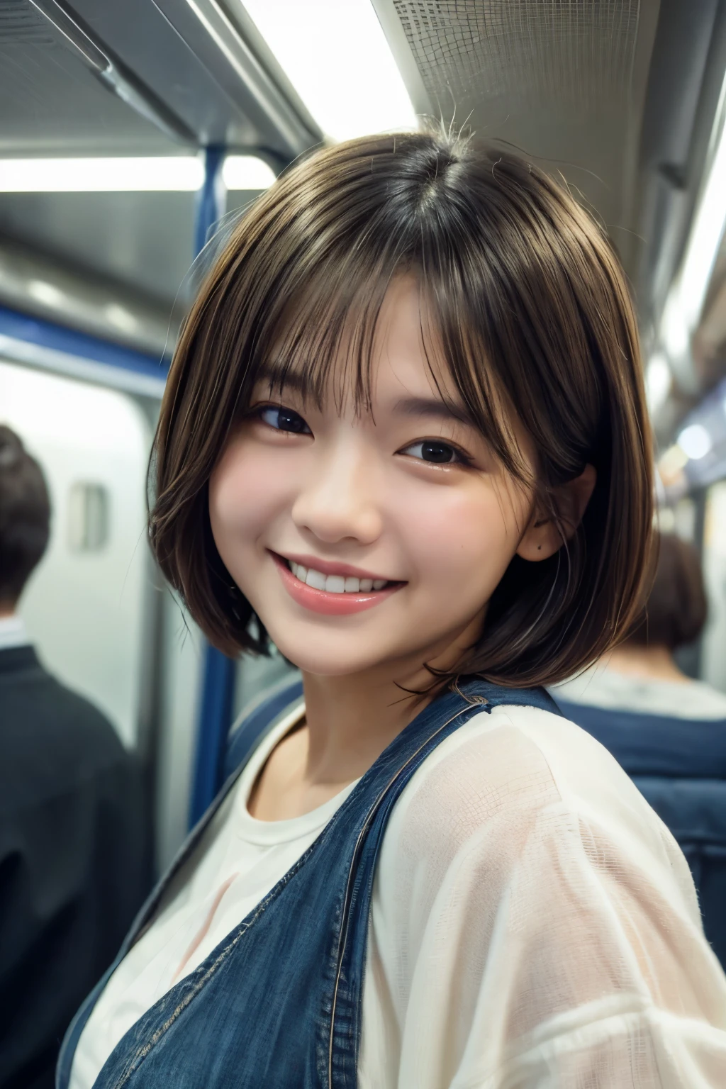highest quality, masterpiece, Ultra-high resolution, (Reality: 1.4), Original photo, 3 women, mature, happy smile, short hair, plump body, , Cinema Lighting, from below, High school girl on a crowded train、