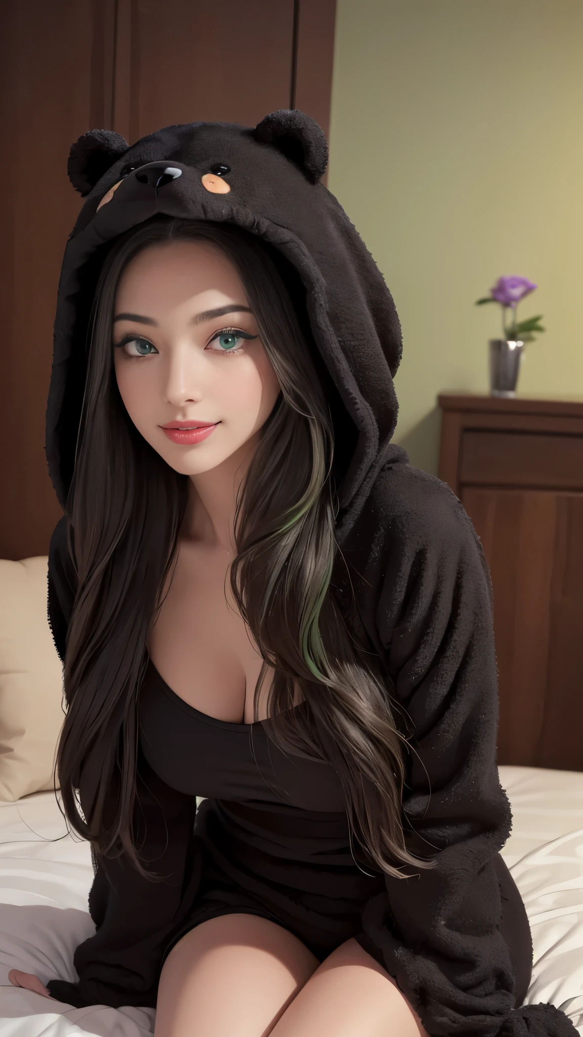 beautiful, (masterpiece), highest quality, (extremely detailed face), extremely detailed eyes, Perfect lighting, Overall detailed, detailed, Deep Skin,Textured skin,
,bear costume ,black bear costume, Long sleeve, Wearing a hood,,mallow , Long Hair, Green Eyes, Big smile,On the bed ,sitting between pillows,
,