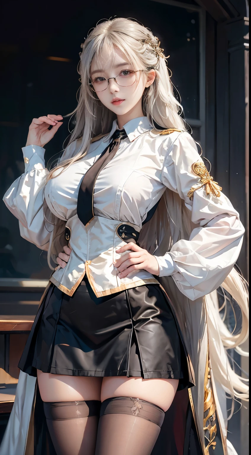 ulzzang-6500-v1.1, (original photo:1.2), (Reality:1.4), Beautiful and delicate girl, Very detailed eyes and face, Beautiful and delicate eyes, ridiculous, incredibly ridiculous, Huge file size, Super detailed, high resolution, Very detailed, best quality, masterpiece, ((Fashionable clothes in various colors)), illustration, Very detailed, CG, Unite, 8k wallpaper, Astonishing, Fine details, masterpiece ,best quality, Very detailed CG uniform 8k wallpaper, There is light on the face, light, 1 Girl, 25 years old, Long white hair, side splits, (Large Breasts), (No panties)), (Glasses), ((Dynamic poses))), ((Sexy pose))), (Camel toe), (half), (Pantyhose)), ((Black hip skirt))