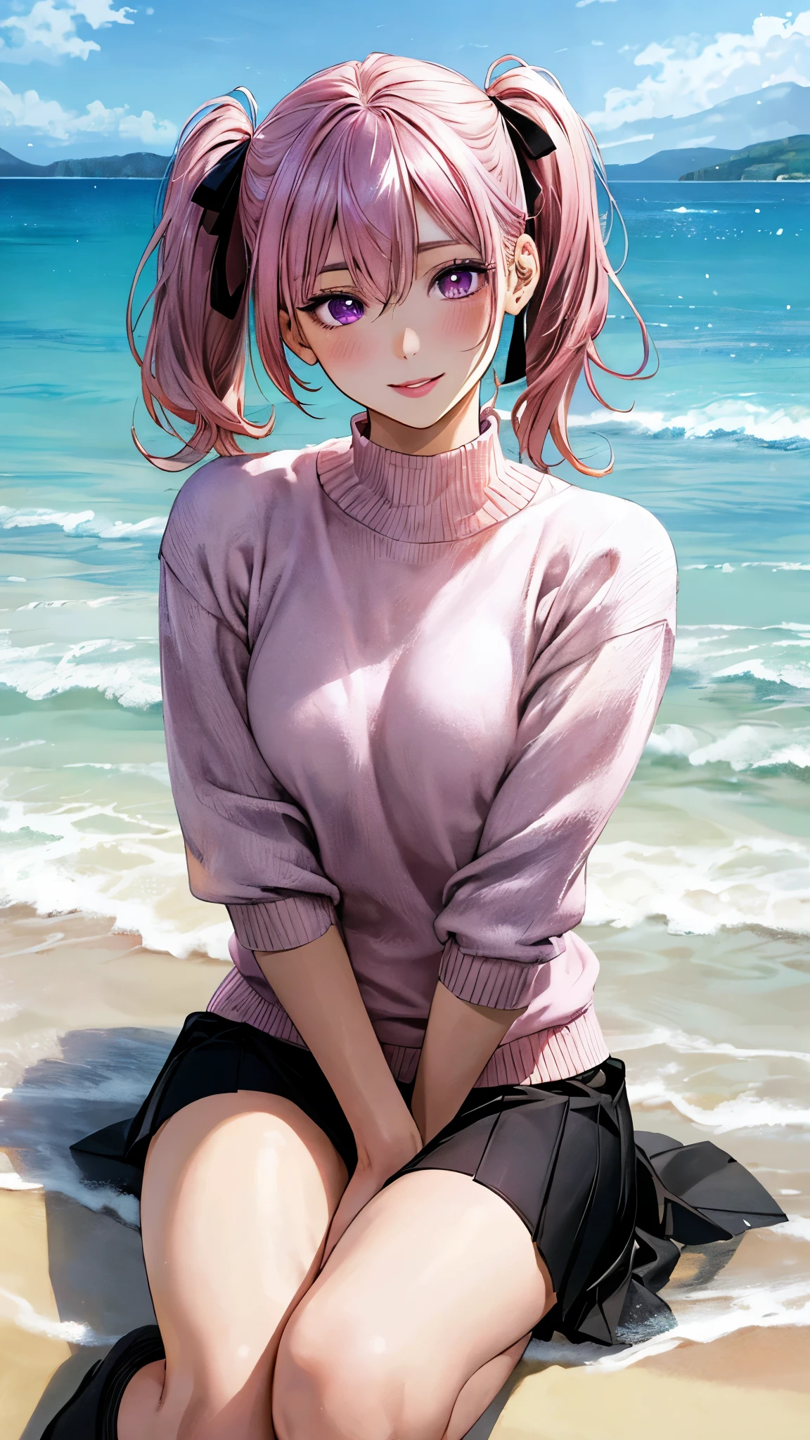 (masterpiece:1.3, top-quality, ultra high res, ultra detailed), (realistic, photorealistic:1.4), beautiful illustration, perfect lighting, natural lighting, colorful, depth of fields, surrealism,
beautiful detailed hair, beautiful detailed face, beautiful detailed eyes, beautiful clavicle, beautiful body, beautiful chest, beautiful thigh, beautiful legs, beautiful fingers, shiny skin,
looking at viewer, 1 girl, japanese, high school girl, (perfect anatomy, anatomically correct, super detailed skin), cute and symmetrical face, babyface, perfect face, perfect eyes, perfect fingers,
(short hair, twintails, pink hair), hair between eyes, purple eyes, big eyes, drooping eyes, glossy lip, long eyelashes, (medium breasts, seductive thighs), slender,
(detailed cloth texture, high neck pink sweater:1.2, cute black mini skirt), white knee-high socks, loafers, hair ribbon,
(beautiful scenery), morning, (beach), sitting, raise right leg, hand in own hair, (lovely smile, upper eyes, parted lips),