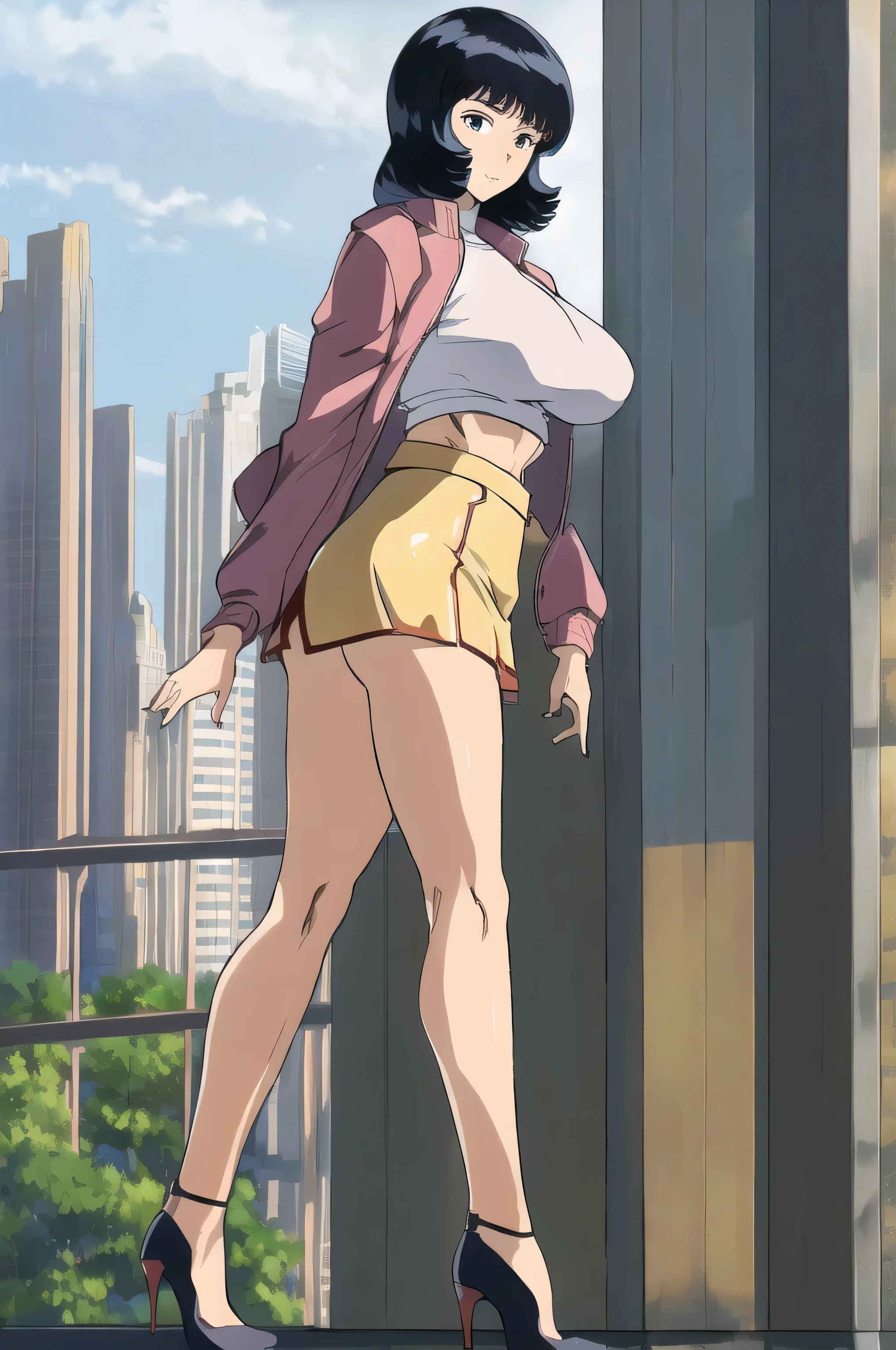 (Masterpiece, Top Quality, Highly Detailed, 16K Anime High Resolution, Anime Style, Clean Brush Strokes, Highly Detailed, Anatomically Perfect Body), ((Fayuri)), Solo, Sexy, Perfect Face, beautiful smile, medium hair, black hair, beautiful and delicate eyes, black eyes, glamorous body, tall body, (big breasts: 1.0), (jacket, blue), (T-shirt), (yellow miniskirt, one side cut) ), black high heels, toned stomach, wide hips: 0.5, (big butt: 0.6), tall, beautiful legs, (standing, front, legs apart), forward facing, (city background), low angle photo ,