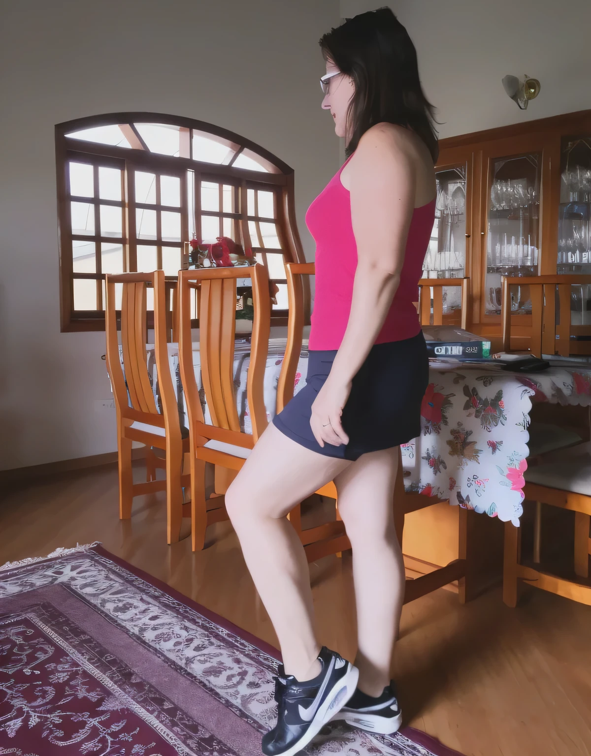 there is a woman standing on a rug in a room, side view of her taking steps, side pose, side shot, wearing skirt, side portrait, mini-skirt, in shorts, miniskirt, standing on a desk, pink tight mini-skirt, short skirt, full body wide shot, from side, long shot from back, profile posing
