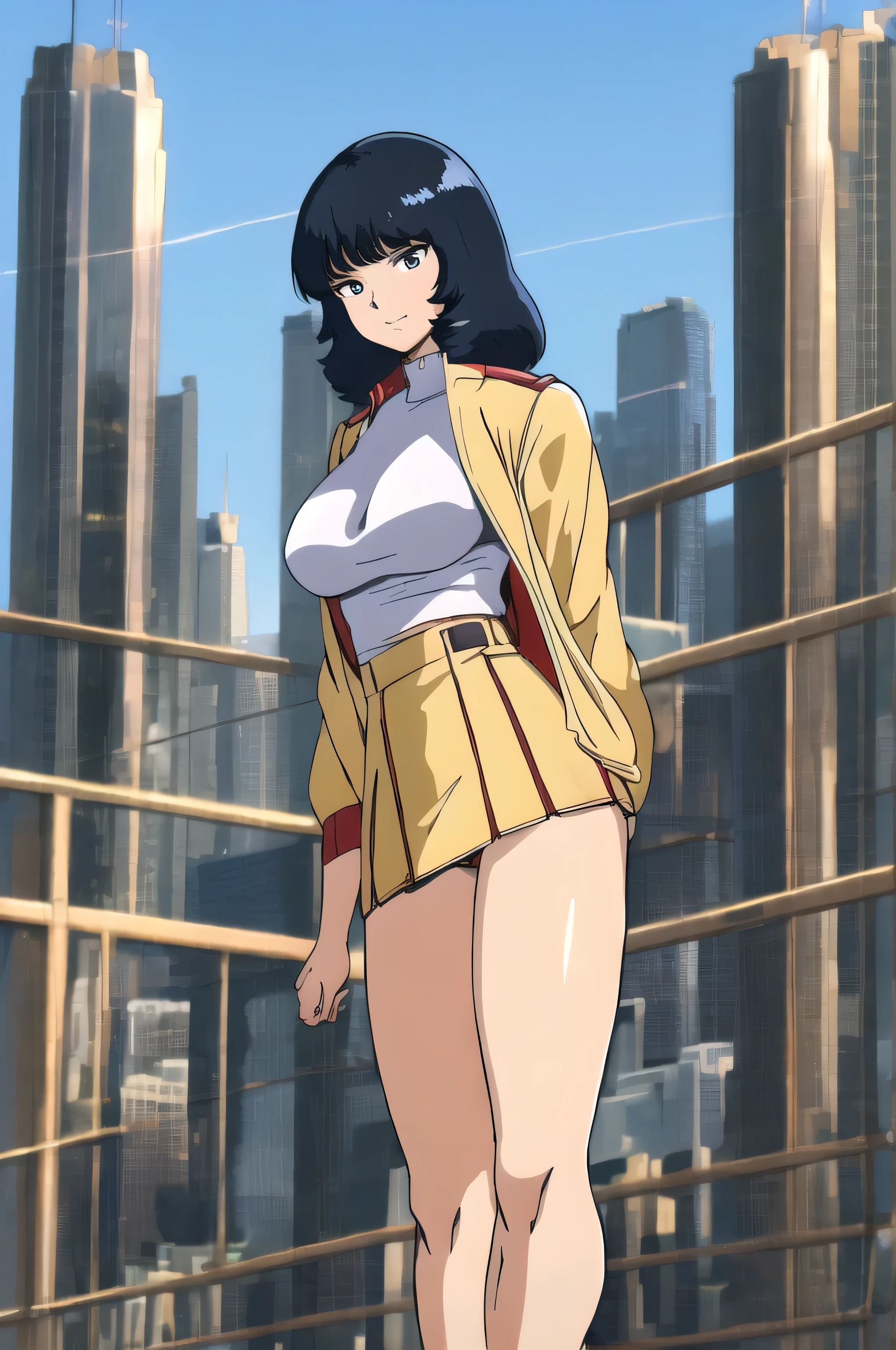 (Masterpiece, Top Quality, Highly Detailed, 16K Anime High Resolution, Anime Style, Clean Brush Strokes, Highly Detailed, Anatomically Perfect Body), ((Fayuri)), Solo, Sexy, Perfect Face, beautiful smile, medium hair, black hair, beautiful and delicate eyes, black eyes, glamorous body, tall, (big breasts: 1.0), (jacket, blue), (T-shirt), (yellow miniskirt, one side cut) , black high heels, toned stomach , wide hips: 0.5, (big butt: 0.6), tall, beautiful legs, (standing, front, legs apart), forward facing, (city background), low angle photo,